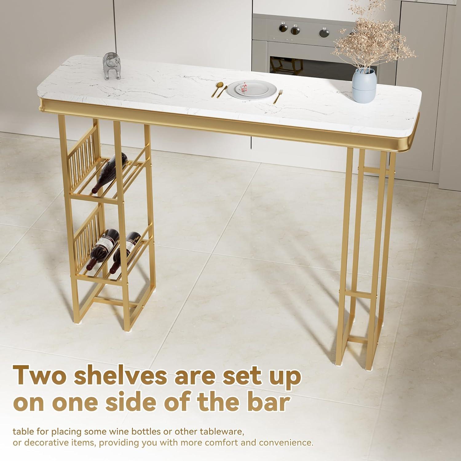 Miekor Furniture 55.1" Modern Straight Bar Table with Shelves in White & Gold W5UAAG