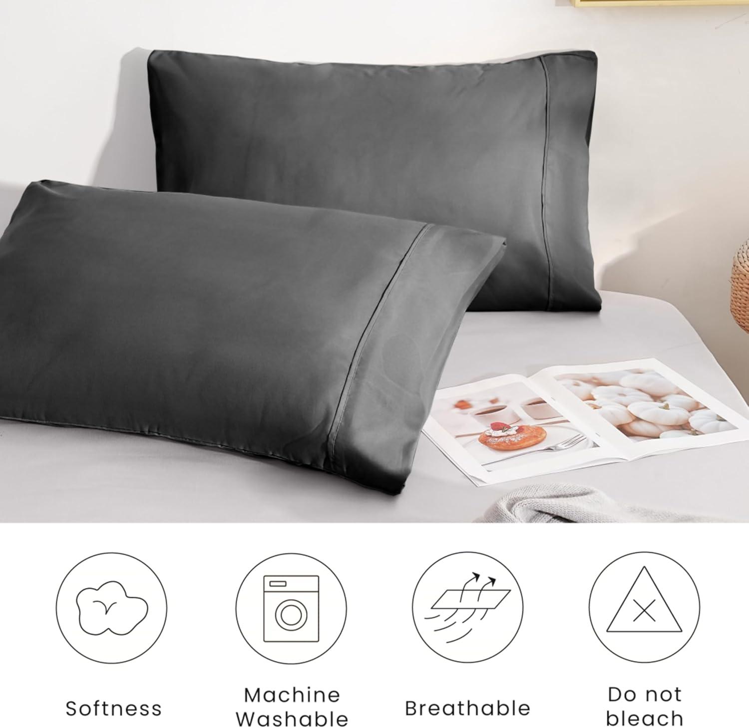 Pillowcases Queen Gray Set of 2 Envelope Closure End Easy Fit for All Season Cooling Soft and Breathable Material Machine Washable