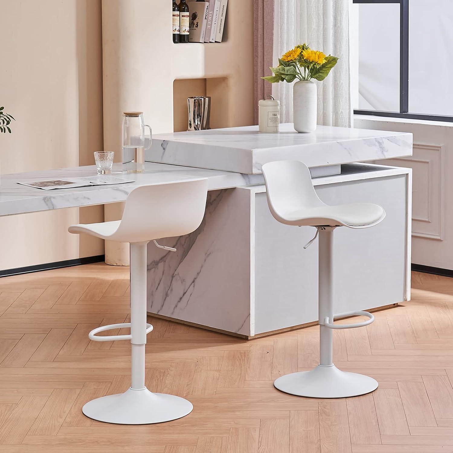 Height Adjustable Swivel PP Bar Stool with PU Padded Seat, White, Set of 2