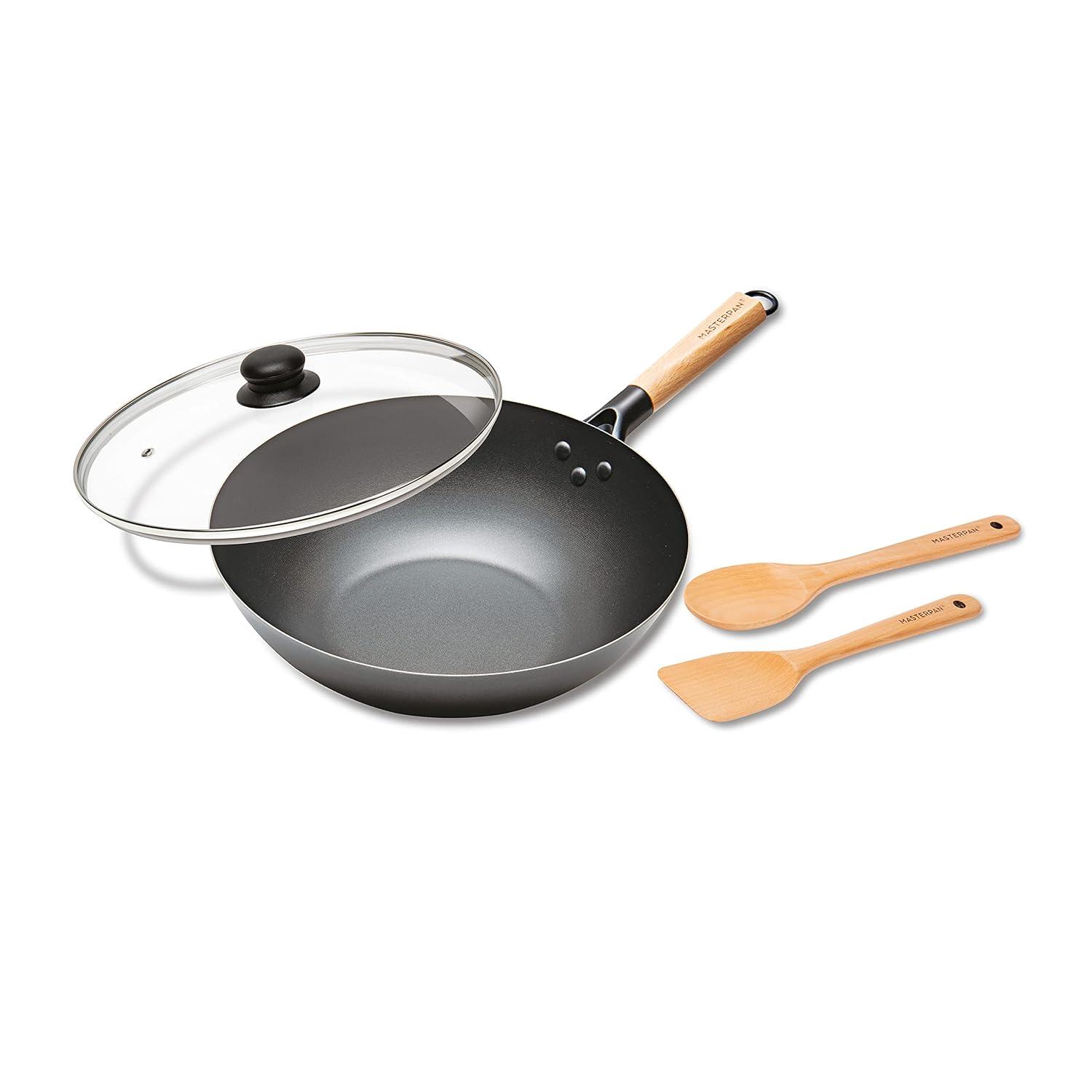 MasterPan Inc. Masterpan Carbon Steel Wok With Glass Lid Wooden Utensils Non-Stick Flat Bottom Asian Stir-Fry