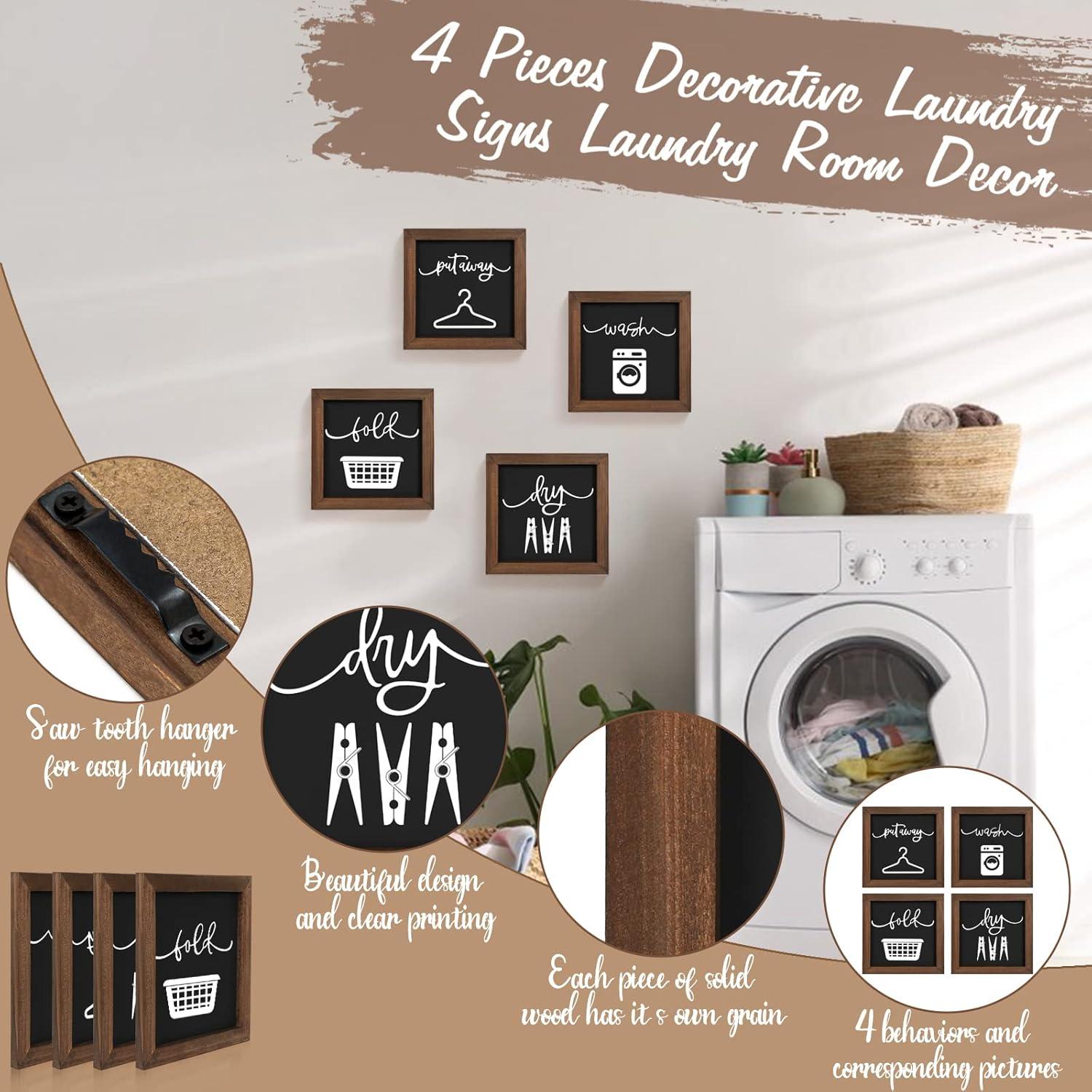 Bucherry Laundry Sign Set of HYZ01 4 Rustic Wood Wash Dry Fold Put Away Laundry Signs Wall Decor Wall Hanging Art Decor Wood Signs for Laundry Room Vintage Farmhouse Decorations for Home Supplies
