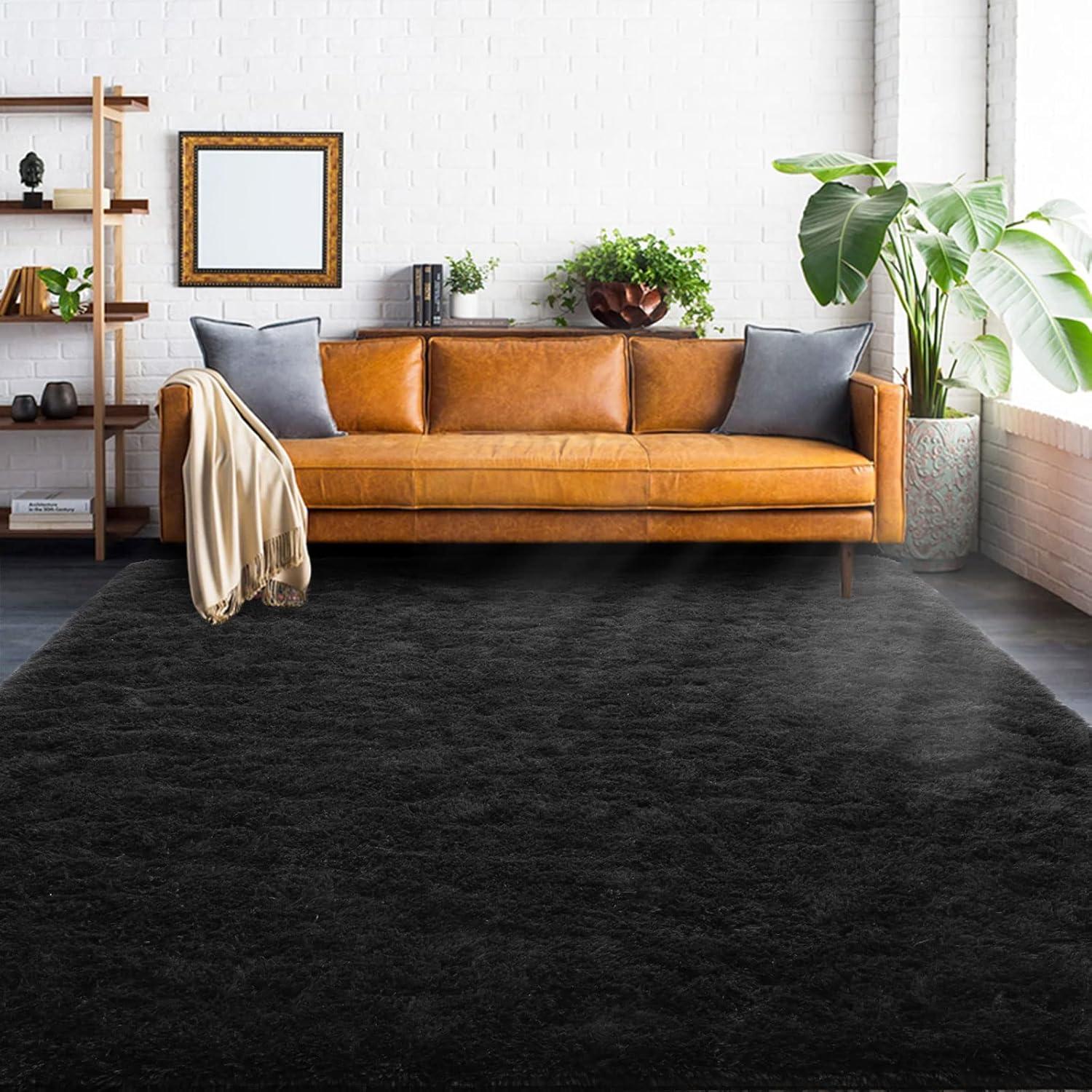 Black 4' x 6' Shaggy Velvet Non-Slip Area Rug