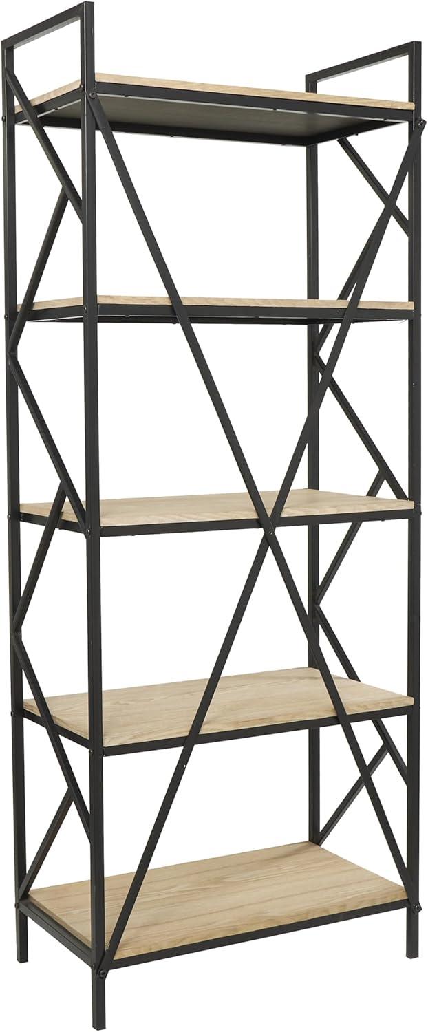 DecMode 29" x 74" Brown Wood 5-Tier Shelving Unit with Black Metal Frame, 1-Piece