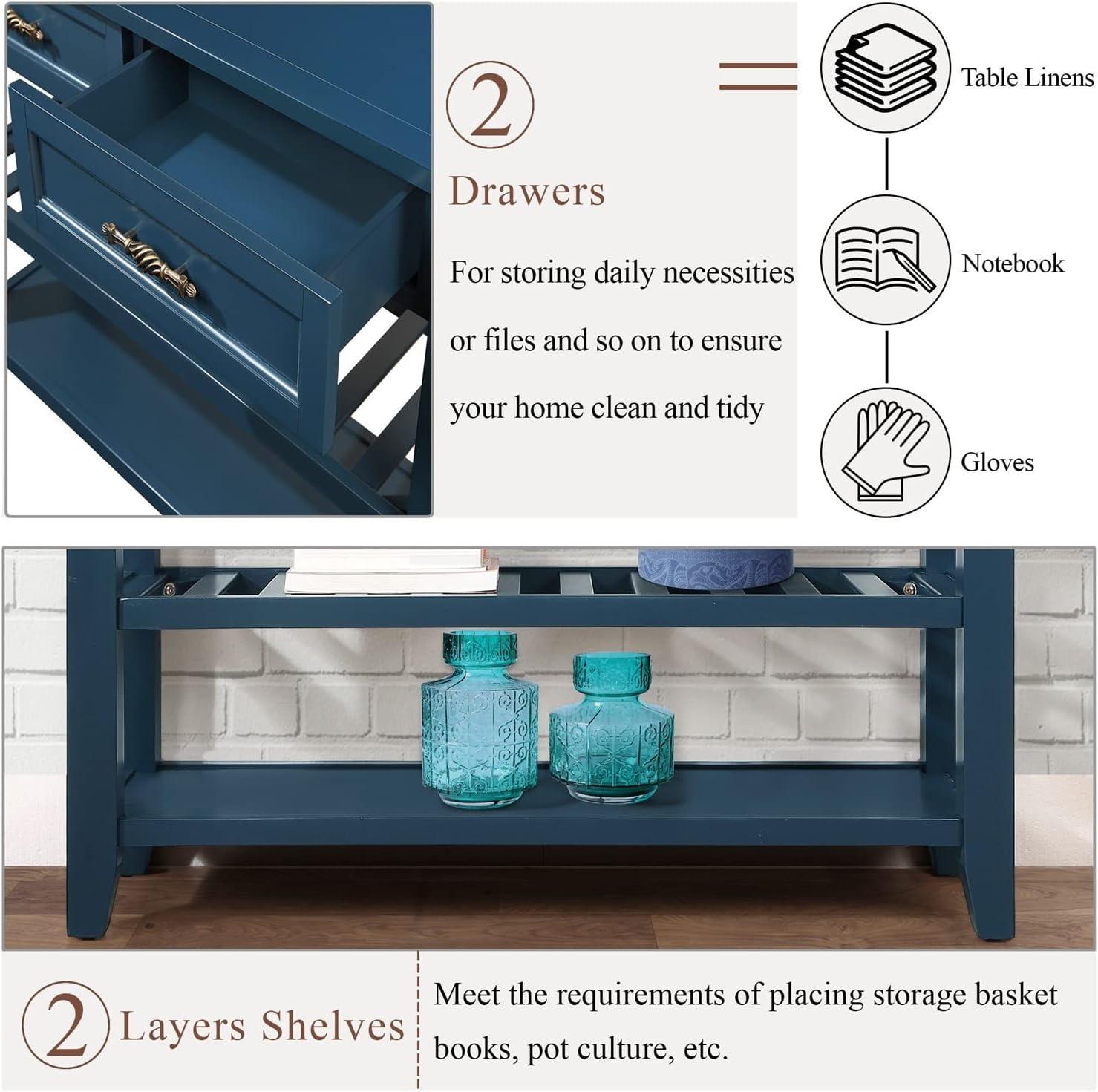 Console Table with 2 Drawers,42" Solid Wood Entryway Table with Storage Shelves, Sofa Table for Living Room,Navy Blue