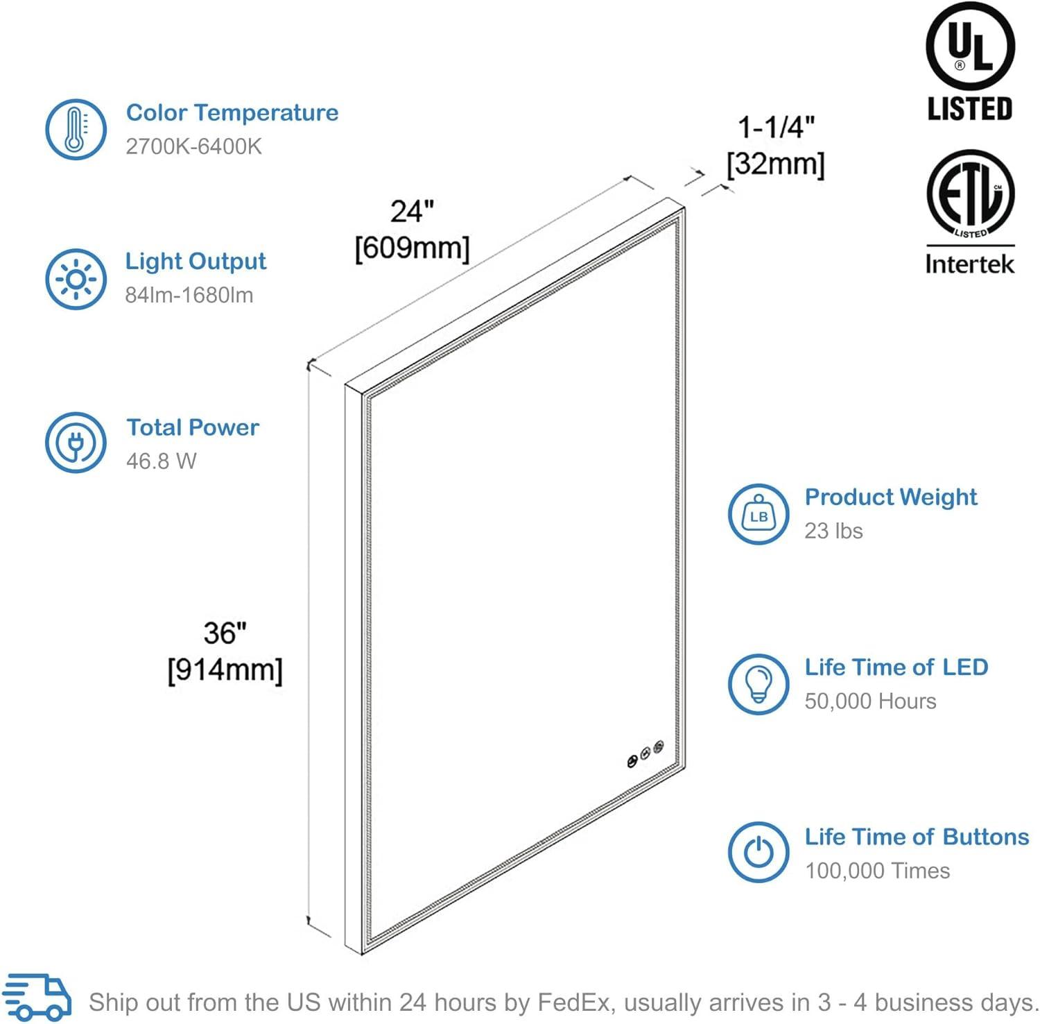 Elegant 24x36 Rectangular Vanity Mirror with Adjustable LED Lighting, Silver and Gold