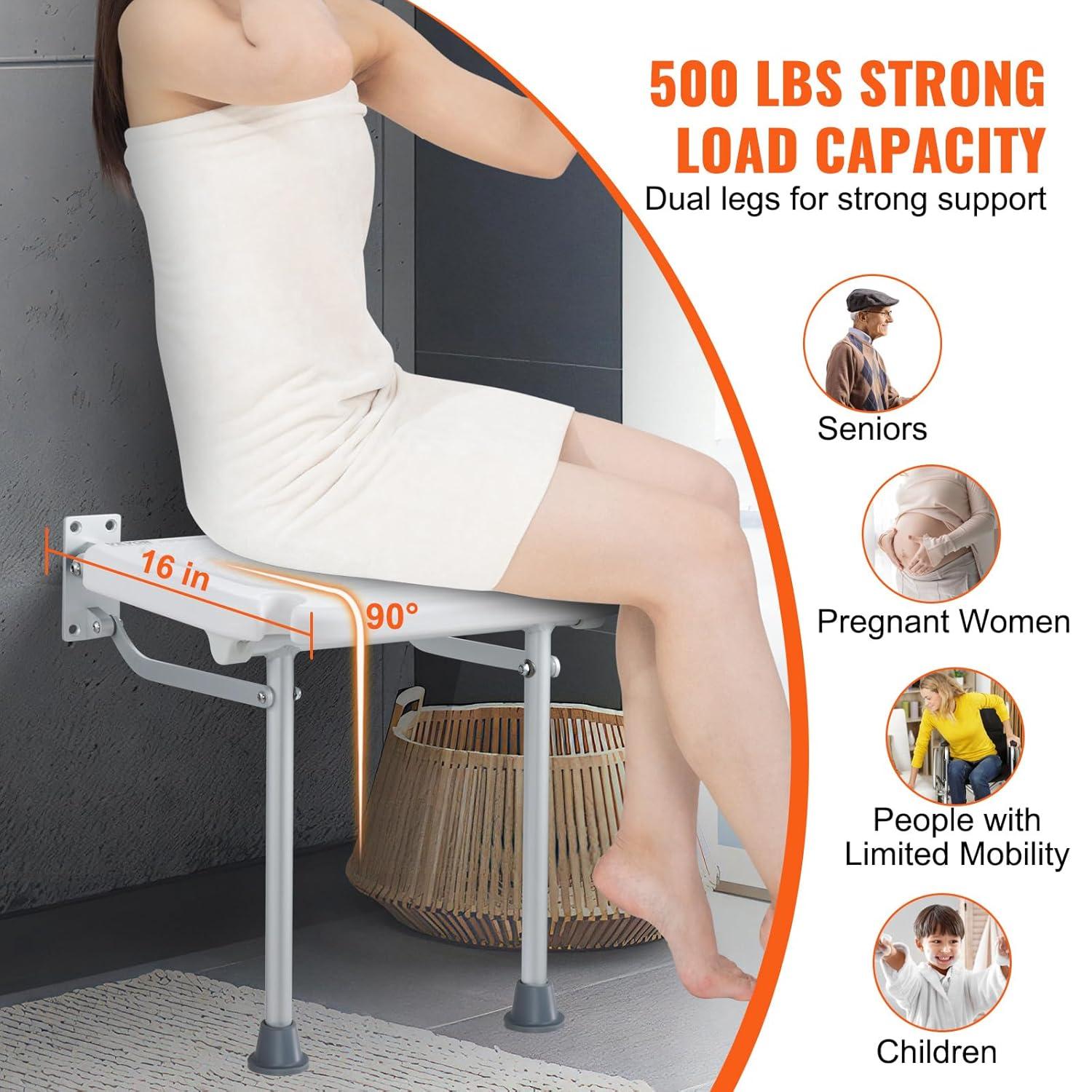 VEVOR Folding PE Shower Seat, 15.7'' x 14.8'' Unfolded, Wall Mounted Fold Up Shower Bench with 500 lbs Load Capacity, Space Saving Fold Down Shower Chair for Seniors Pregnant Women Children Adults