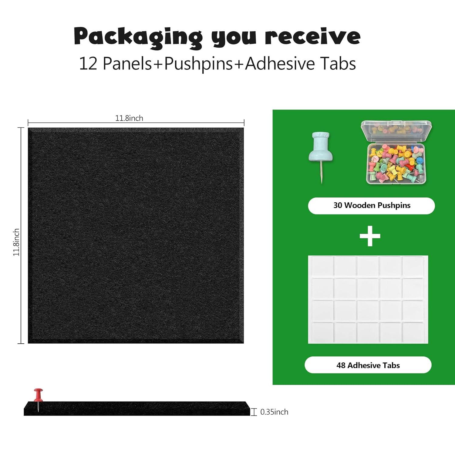 Large Cork Board Alternative 48" x 36", Black Bulletin Board, 12 Pack Felt Wall Tiles With 50 Pushpins, Pin Board Tack Board for Office (Dark Blue)