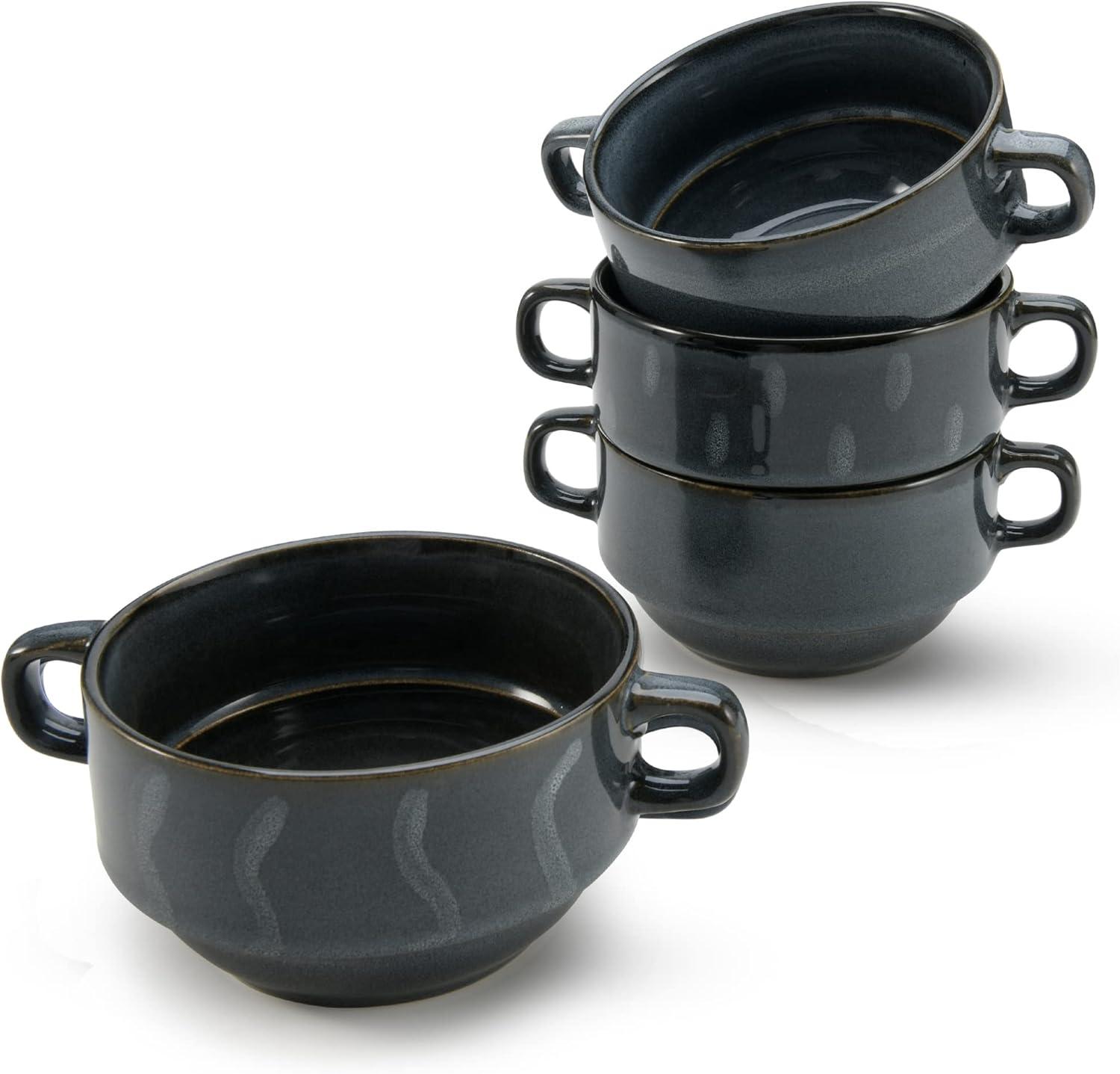 American Atelier Soup Bowls with Handles, Set of 4, 16oz Glazed French Onion Soup Bowl, Stackable Serving Bowls for Stew, Pasta, Chili