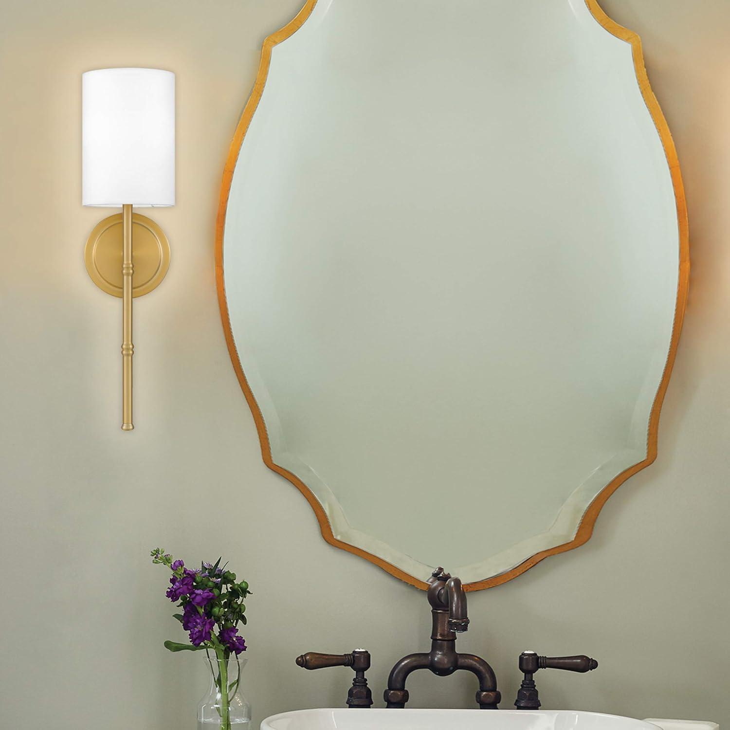 Dorsett Aged Brass Dimmable Wall Sconce with White Fabric Shade