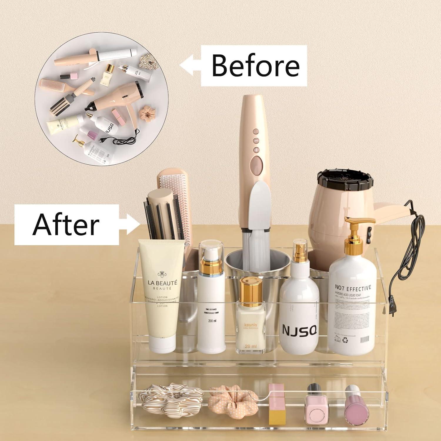 NIUBEE Hair Tool Organizer, Clear Acrylic Hair Dryer and Styling Organizer with Drawer, Bathroom Countertop Blow Dryer Holder, Vanity Caddy Storage Stand for Accessories, Makeup, Toiletries