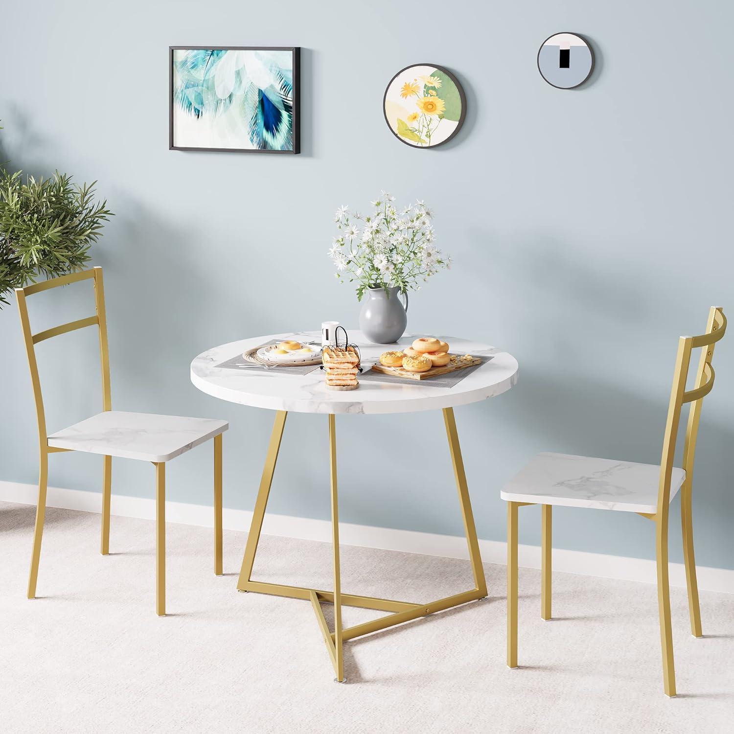 Marble White and Gold Round Dining Table Set for 2