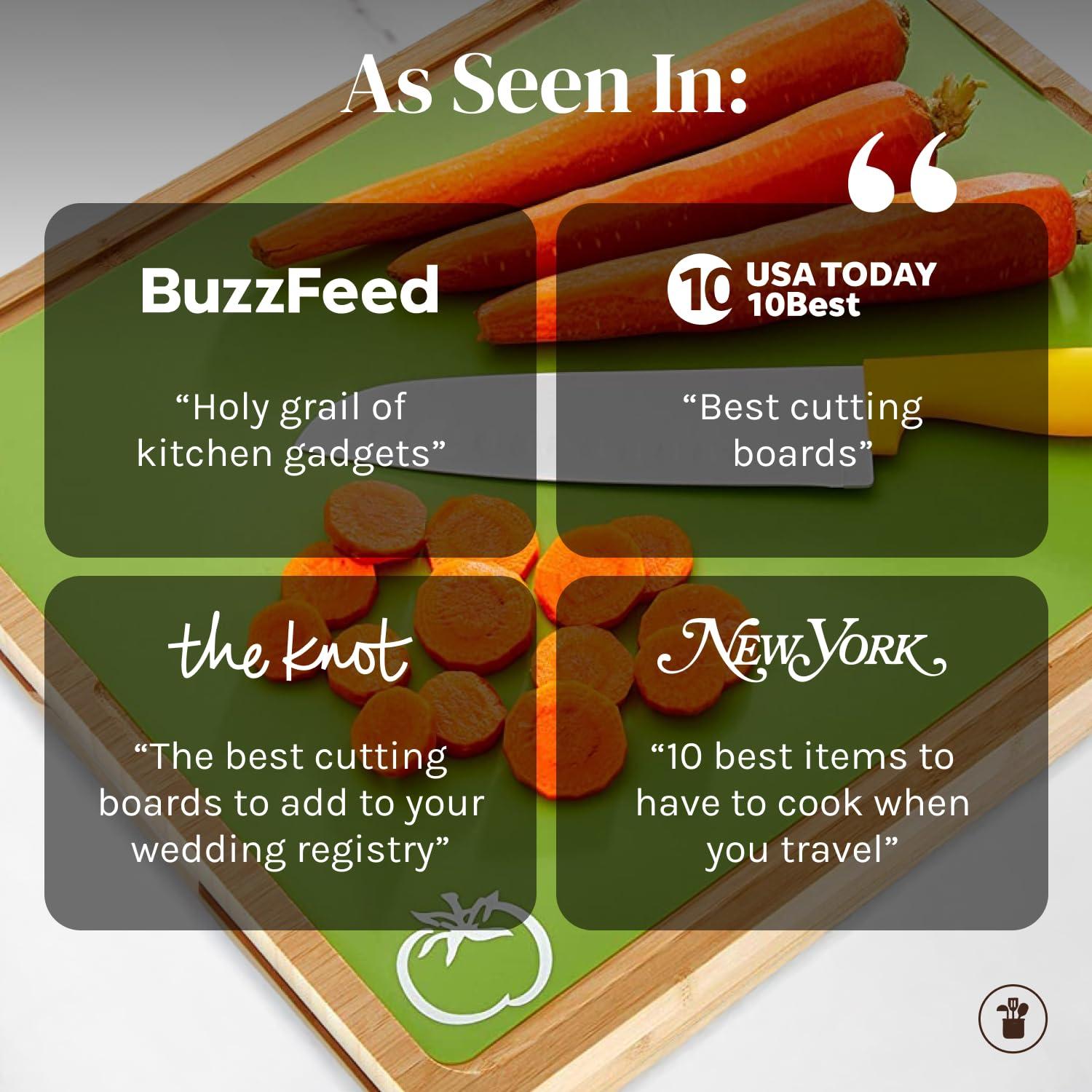 Tabla de Cortar de Madera de Bambú Fácil de Limpiar con Juego de 6 Tapetes de Corte Flexibles Codificados por Colores con Iconos de Comida - Juego de Tabla de Cortar