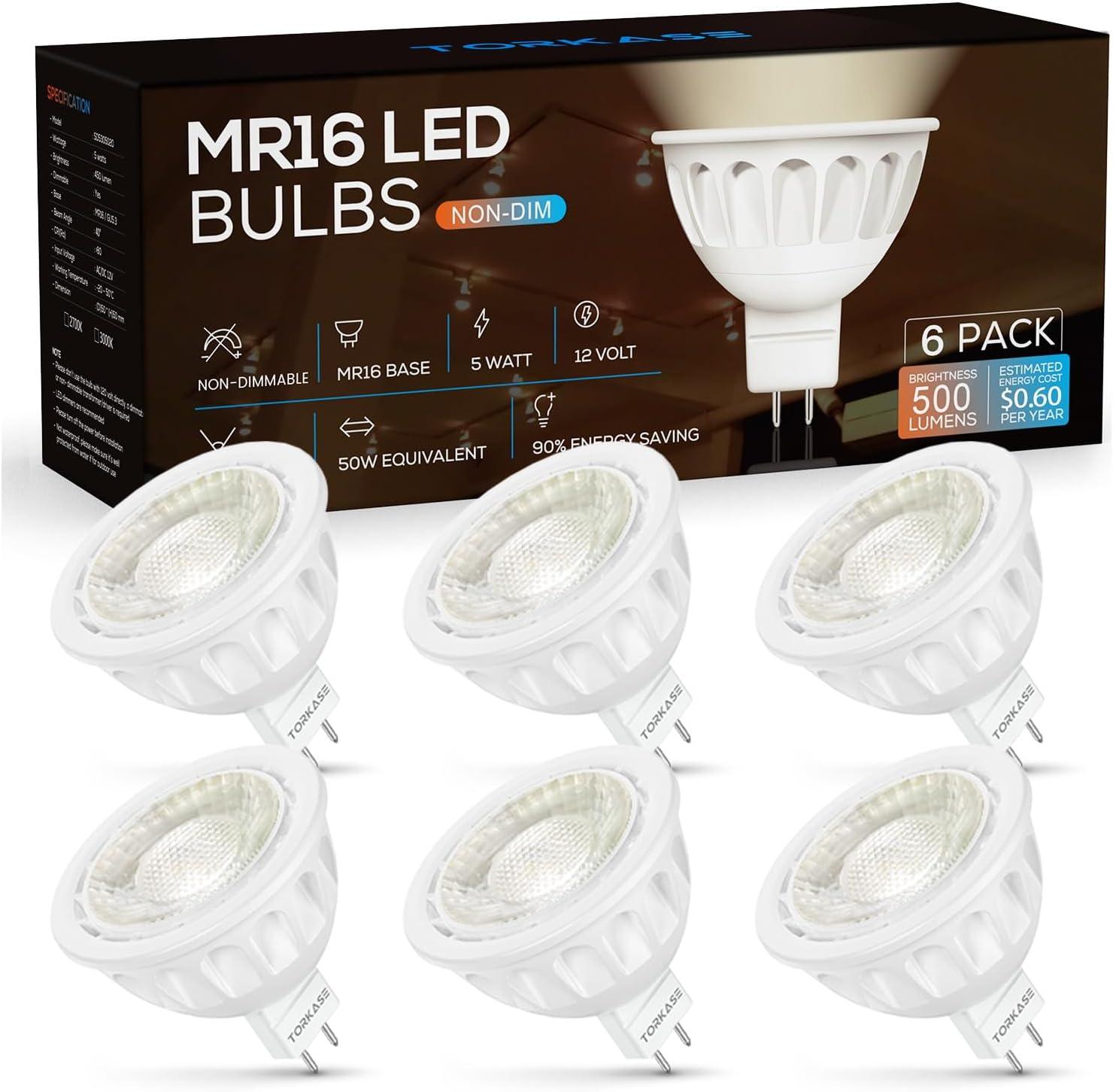 MR16 LED Bulb Dimmable 12V 5W 50W Equivalent 450LM GU5.3 Bipin Base 3000K Warm White Spot Light Bulbs 6-Pack