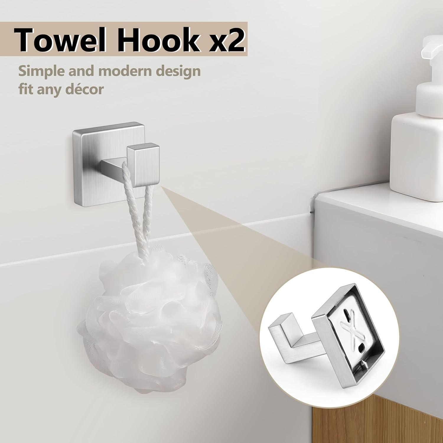 5 Pieces Brushed Nickel Bathroom Accessories Set, Homikit SUS304 Stainless Steel Wall Mounted Bath Towel Hardware Bar Set, 16 Inch Towel Rack, Toilet Paper Holder, Towel Ring, Hooks