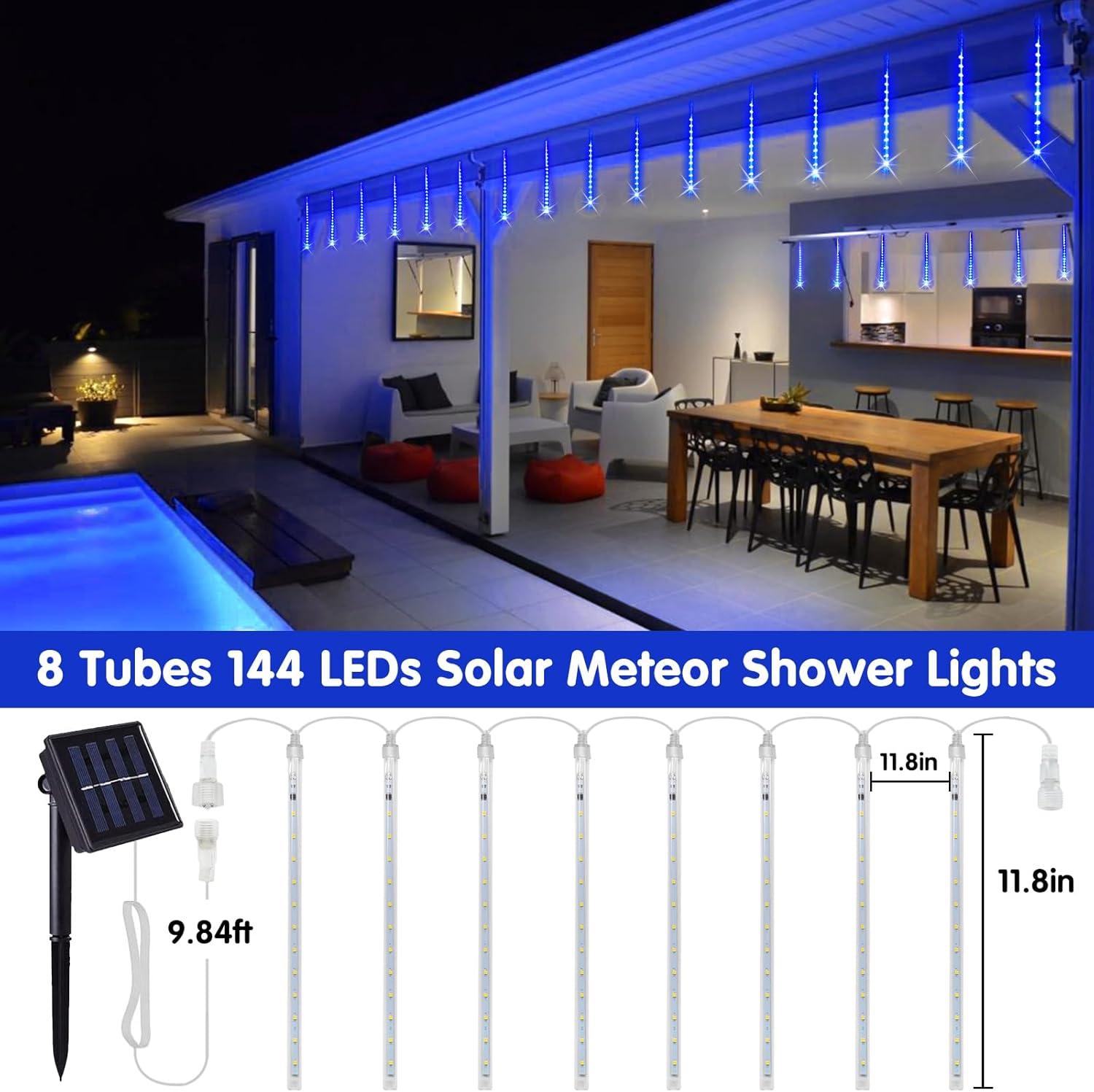 YZhouD 30cm 8-Tube 144 LED Warm White Solar Meteor Rain Lights - Falling Fairy String Lights for Xmas Tree, Wedding, Holiday Party Decor