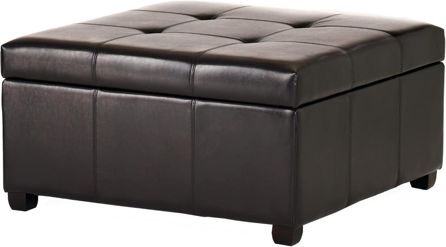 Espresso Tufted Leather Storage Ottoman with Birch Legs