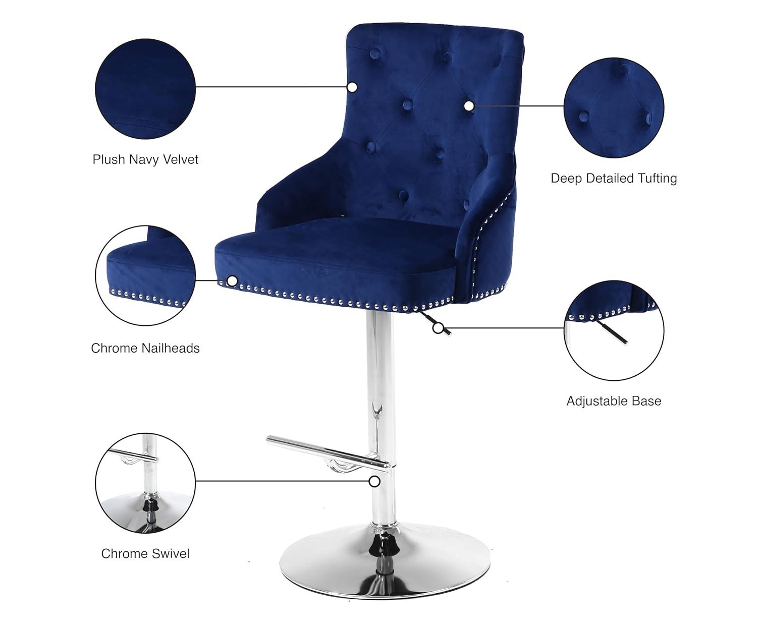 Meridian Furniture Claude 34.5"H Velvet Adjustable Bar Stool in Navy