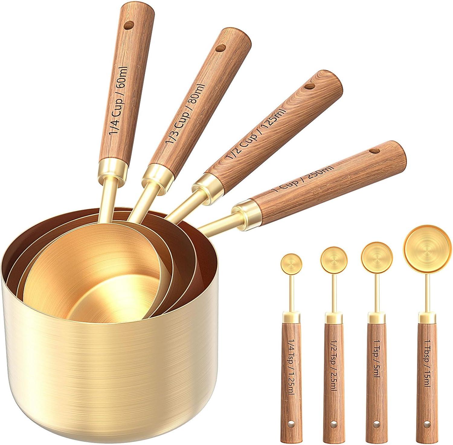 ODOMY 8Pcs Measure Cup and Spoon Set Gold Measuring Cup Spoon Set with Wooden Handle Stainless Steel Stackable Kitchen and Baking Measurement Kitchen Accessories for Home Kitchen Party