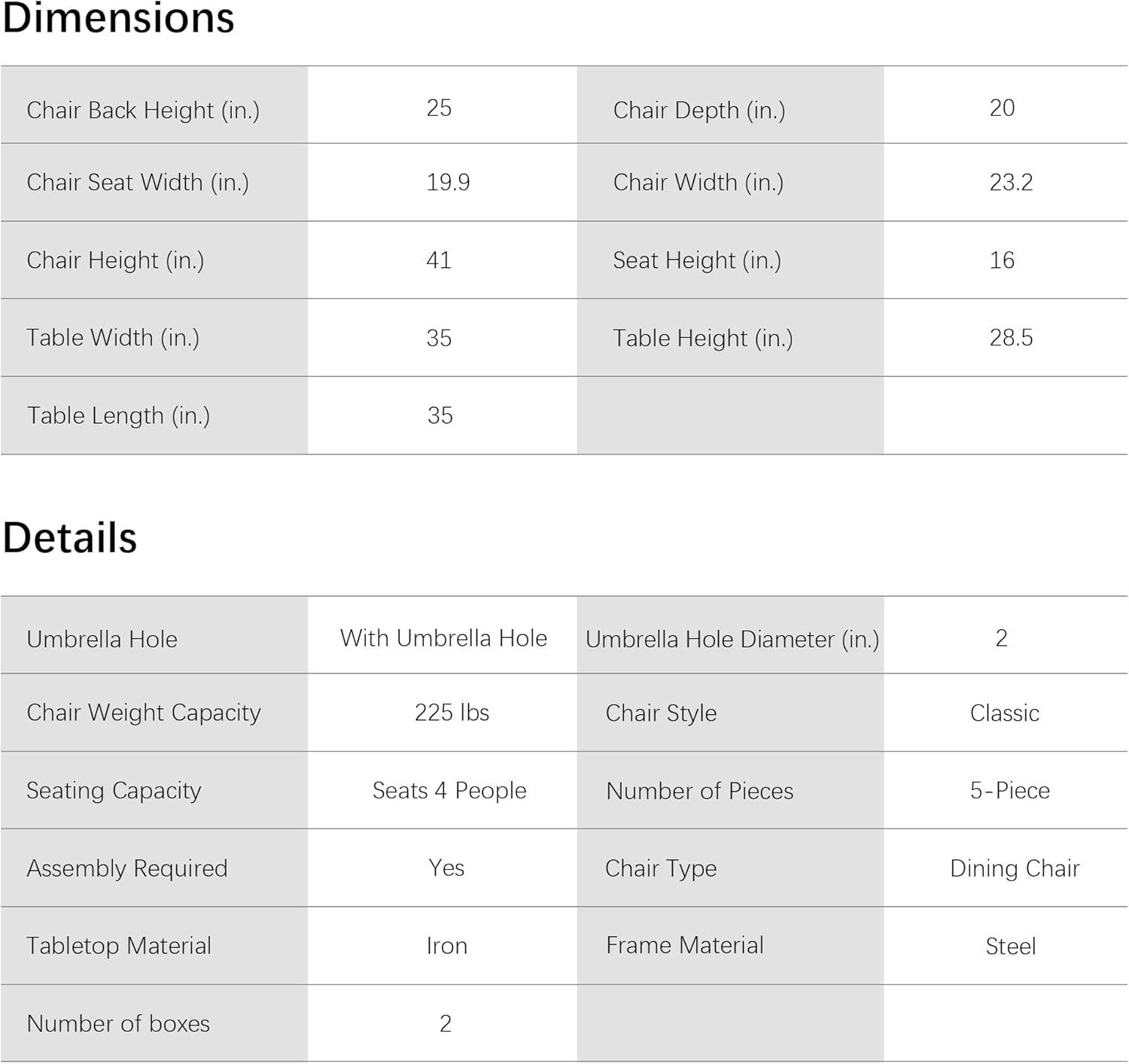 5 -Piece Gray Patio Dining Set Iron Square Table with 4 Gray Stationary Chairs