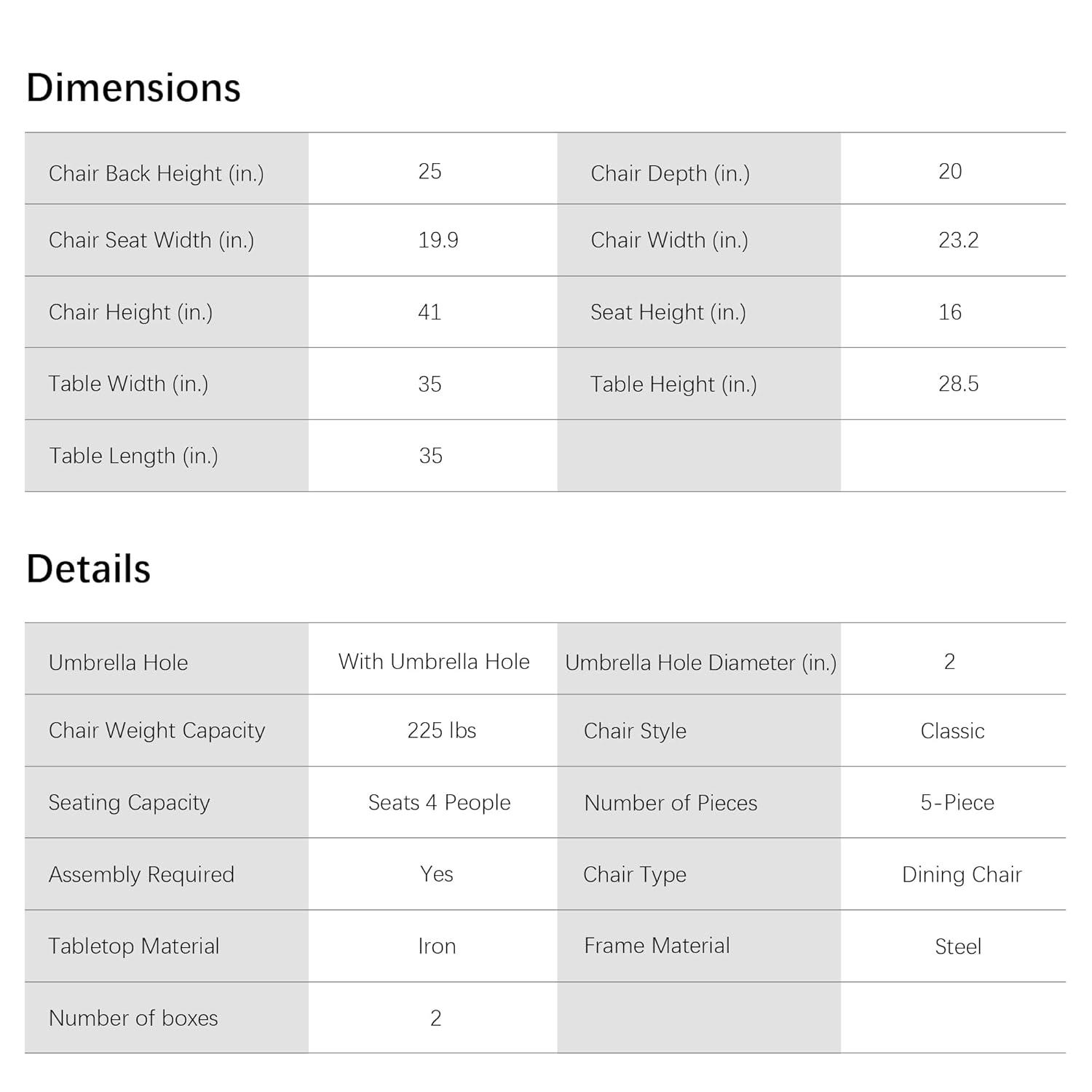 5 -Piece Gray Patio Dining Set Iron Square Table with 4 Gray Stationary Chairs