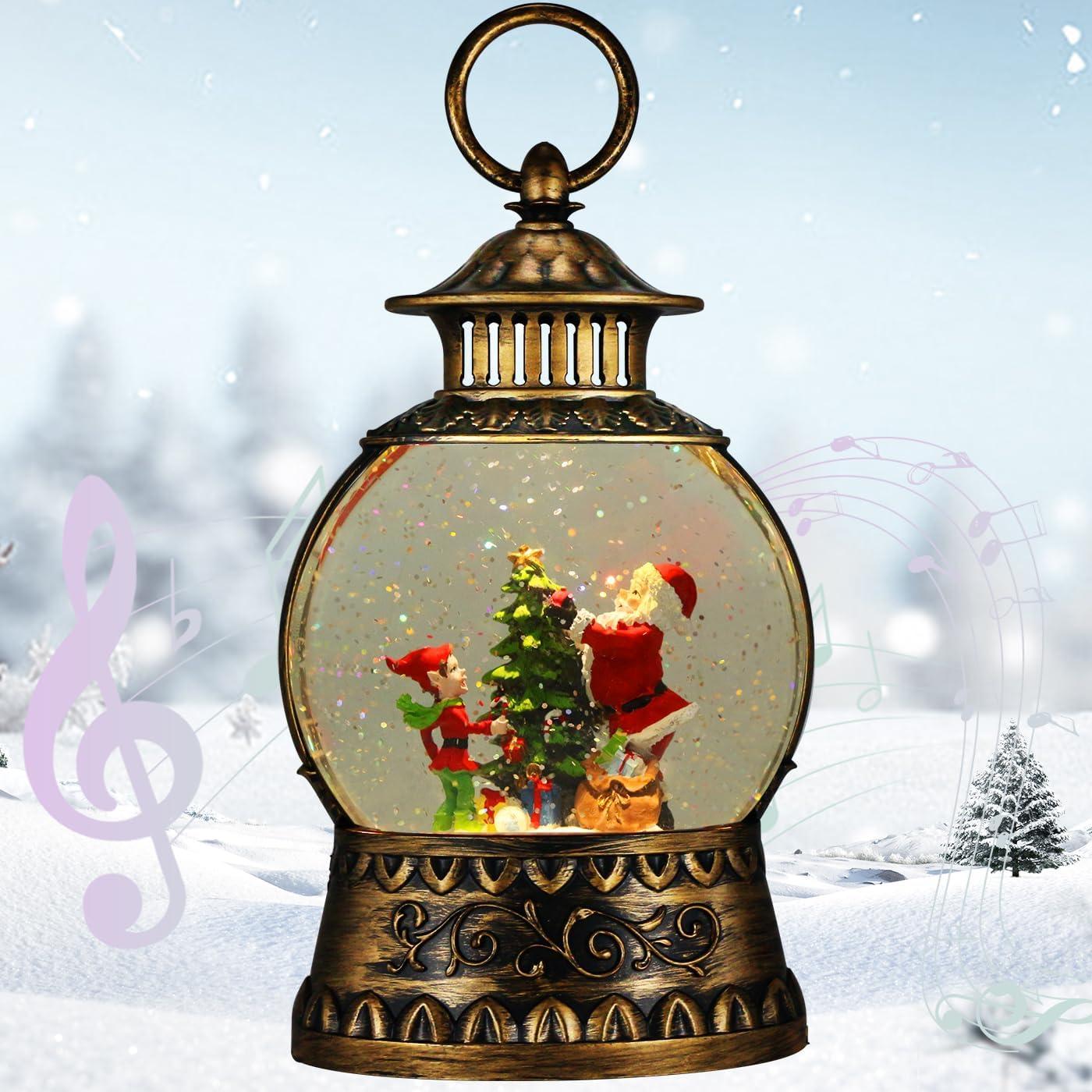 Vintage Brass Musical Santa Christmas Snow Globe Lantern