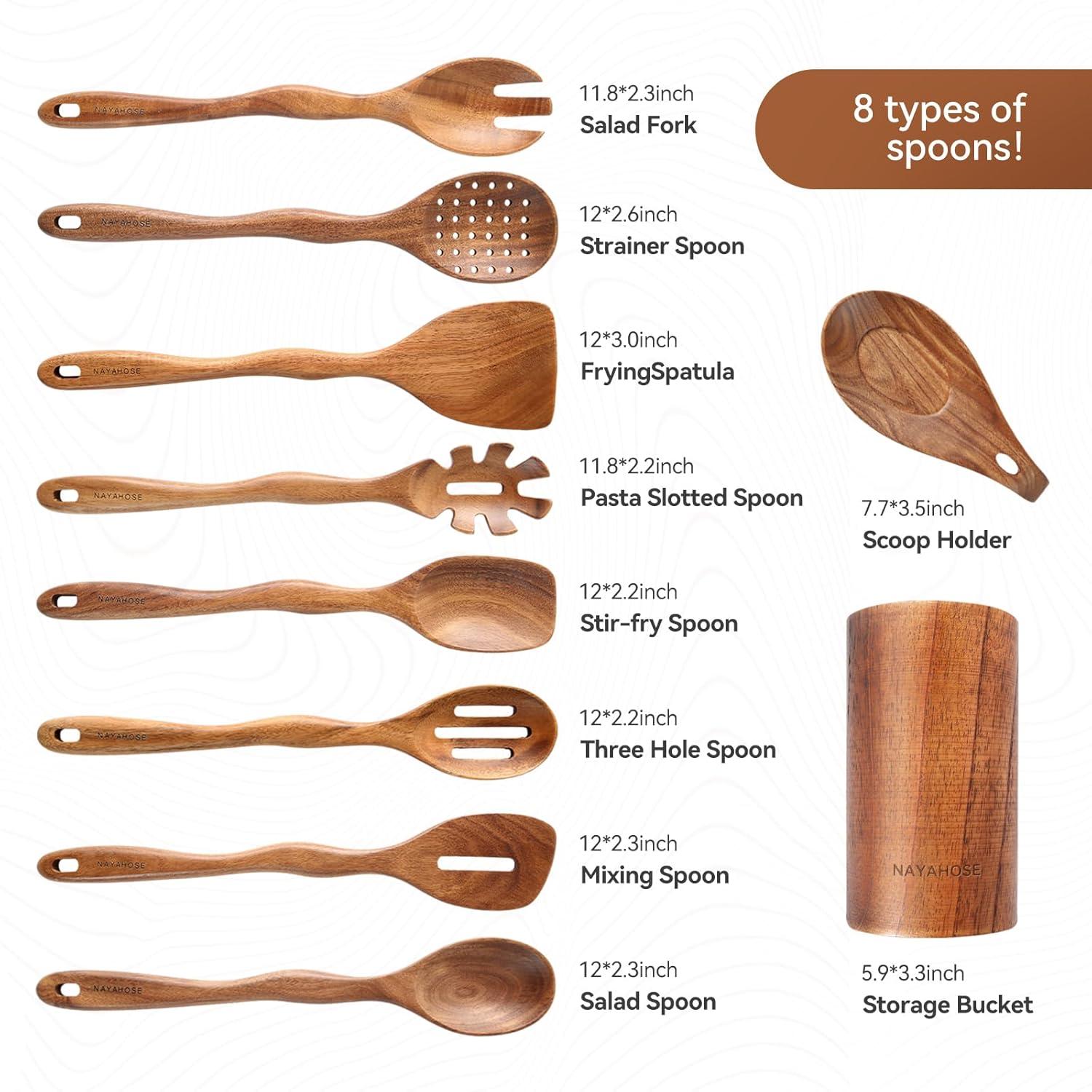 Wooden Spoons for Cooking, 10 Pcs Teak Wood Cooking Utensil Set ‚ Wooden Kitchen Utensils for Nonstick Pans & Cookware ‚ Sturdy, Lightweight & Heat Resistant