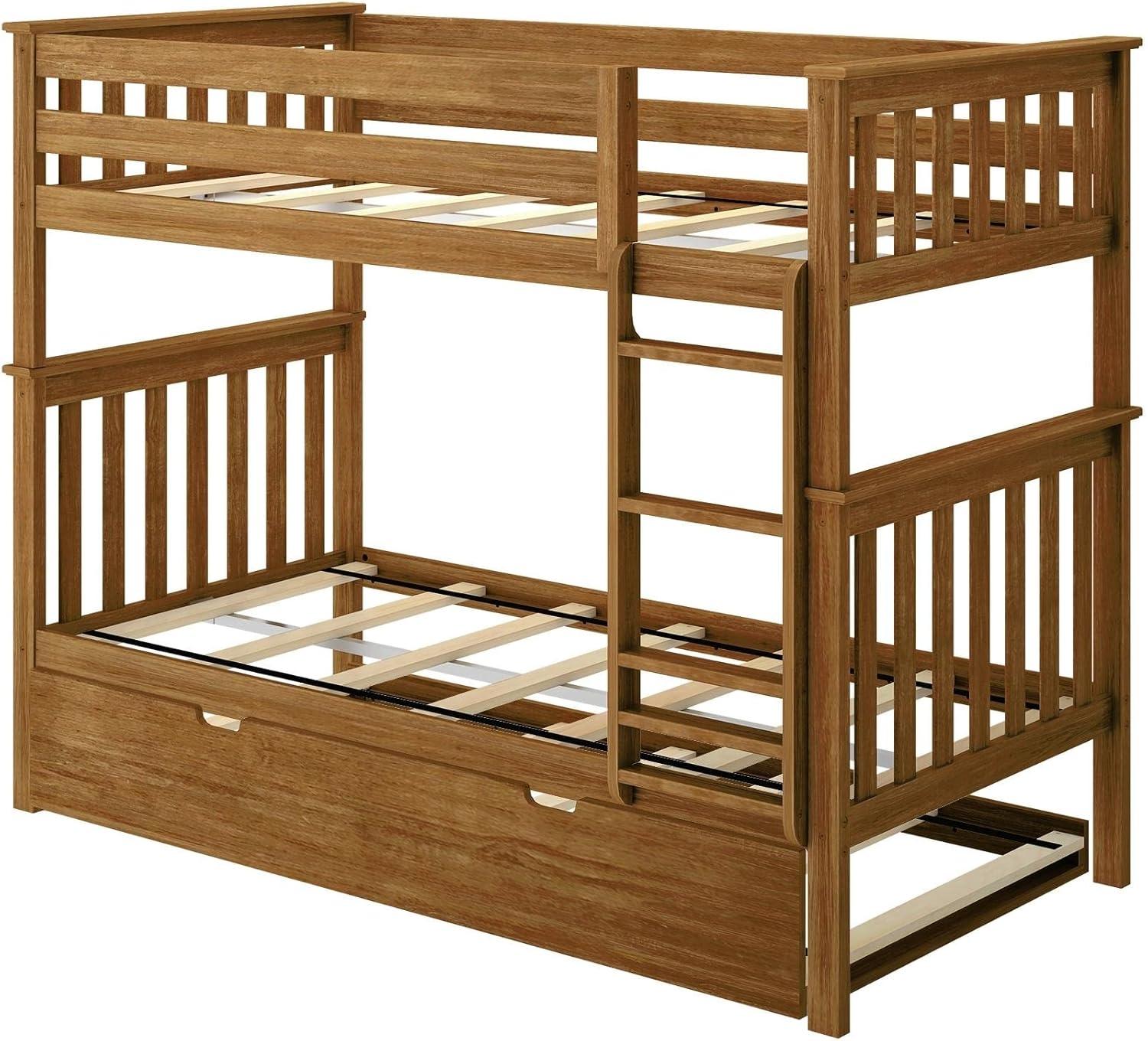 Max & Lily Solid Wood Twin over Twin Bunk Bed with Storage Trundle for Kids, Pecan