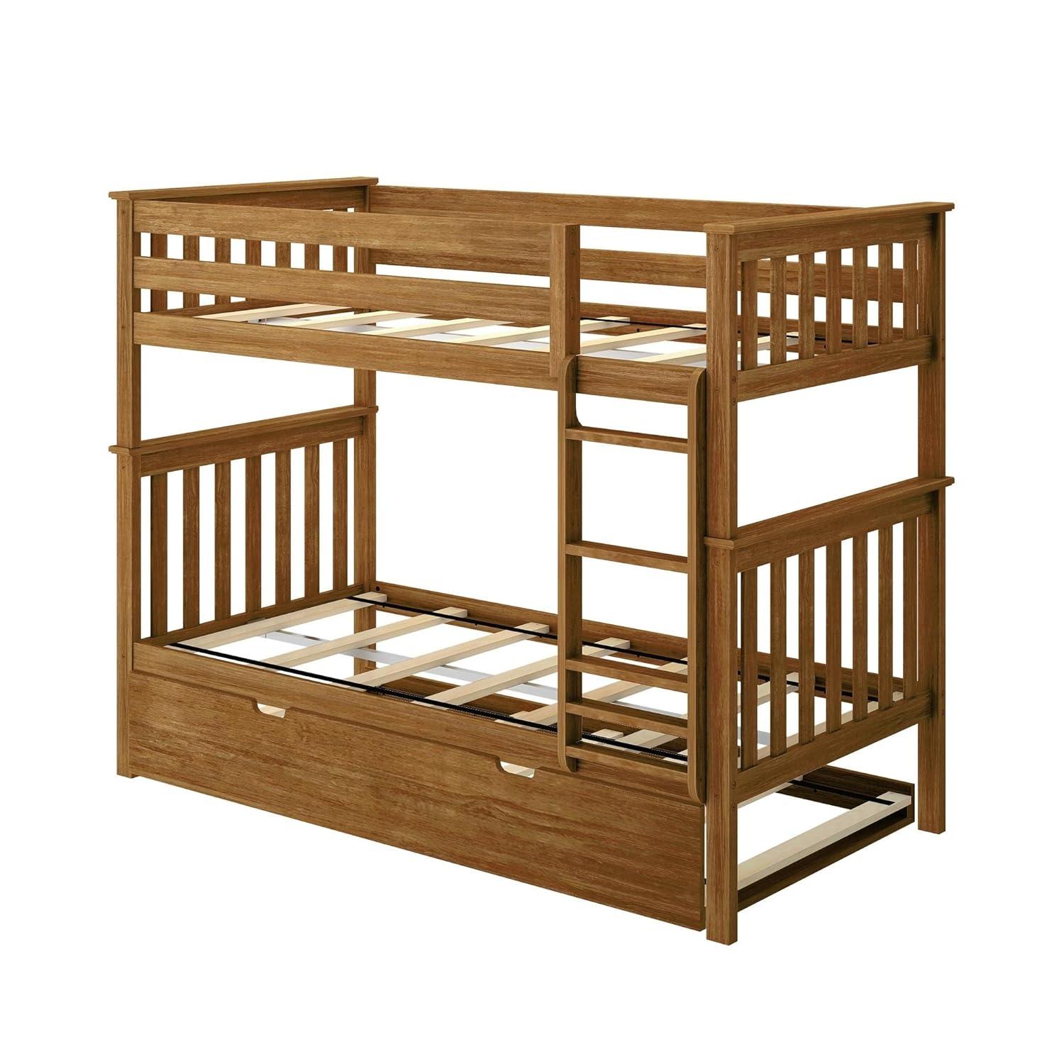 Max & Lily Solid Wood Twin over Twin Bunk Bed with Storage Trundle for Kids, Pecan
