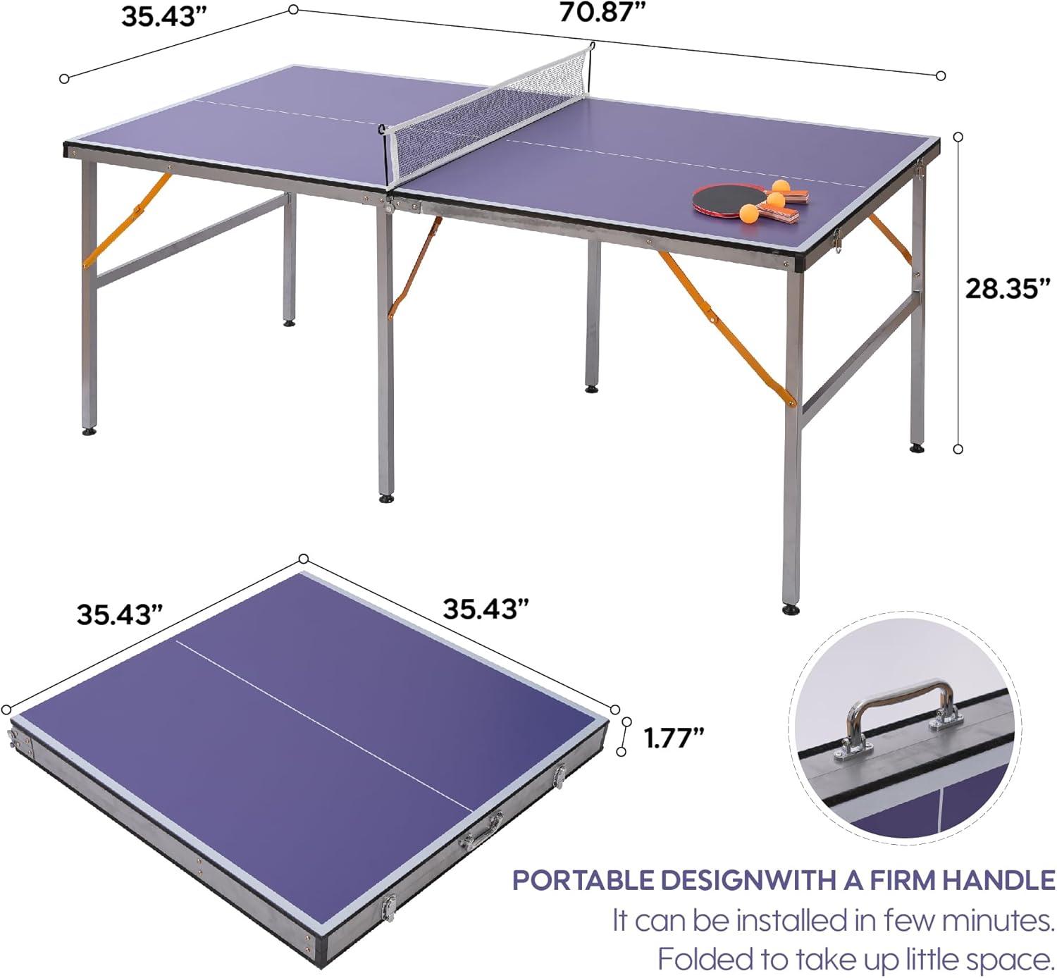 Portable Ping Pong Table, Mid-Size Foldable Table Tennis Table w/Net, 2 Paddles, 3 Balls, Table Tennis Table for Indoor Outdoor, Ping Pong Tablefor Kids Family Holiday Sports