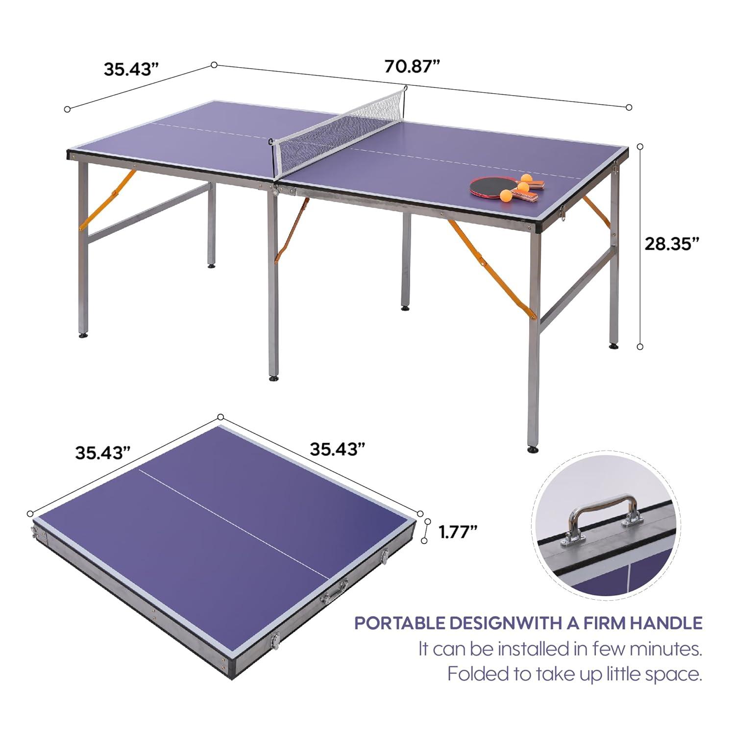Portable Ping Pong Table, Mid-Size Foldable Table Tennis Table w/Net, 2 Paddles, 3 Balls, Table Tennis Table for Indoor Outdoor, Ping Pong Tablefor Kids Family Holiday Sports
