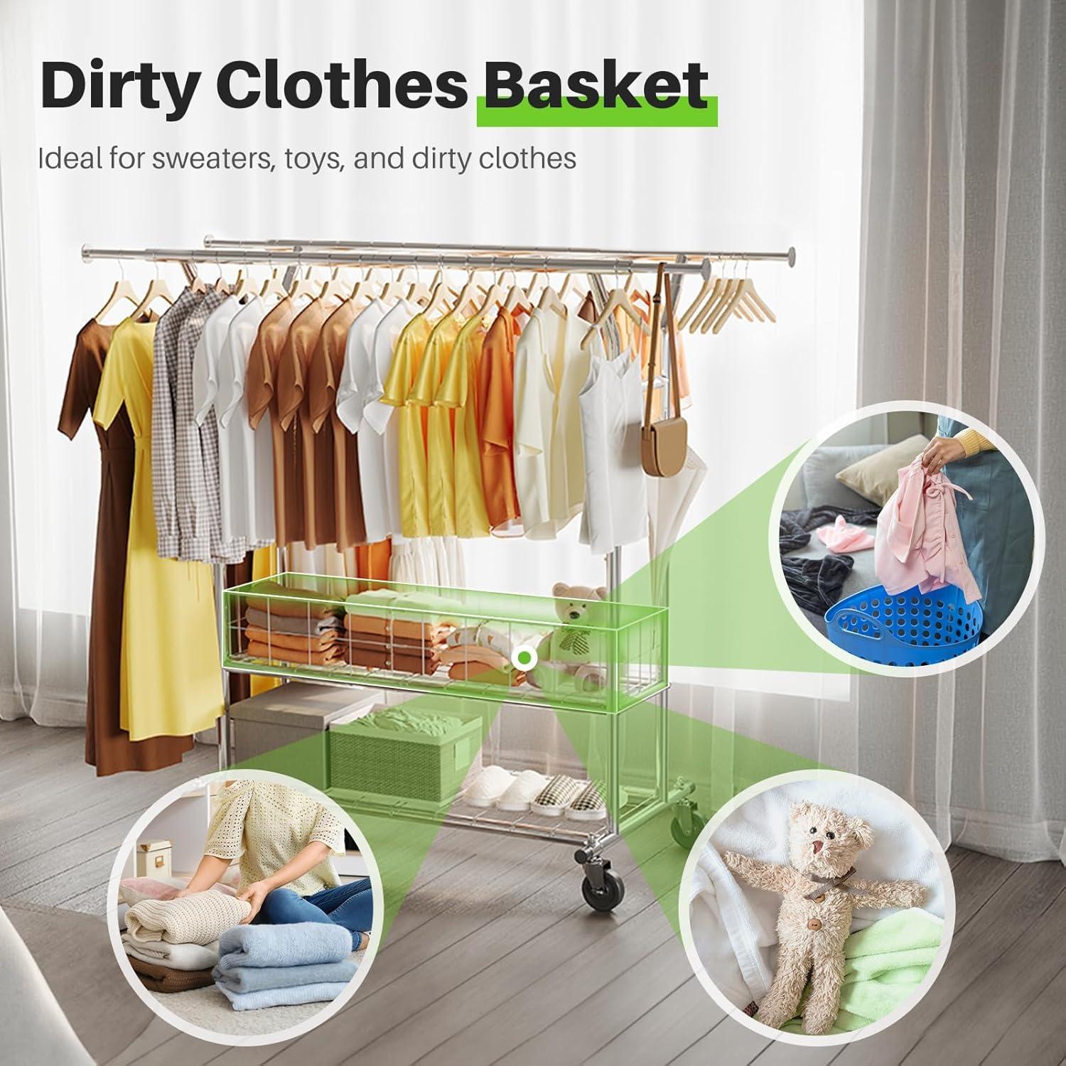 HOKEEPER Heavy Duty Clothing Clothes Rack for Hanging Clothes Adjustable Rolling Garment Rack with Wheels for Bedroom, Living Room (Double Rod with Metal Basket)