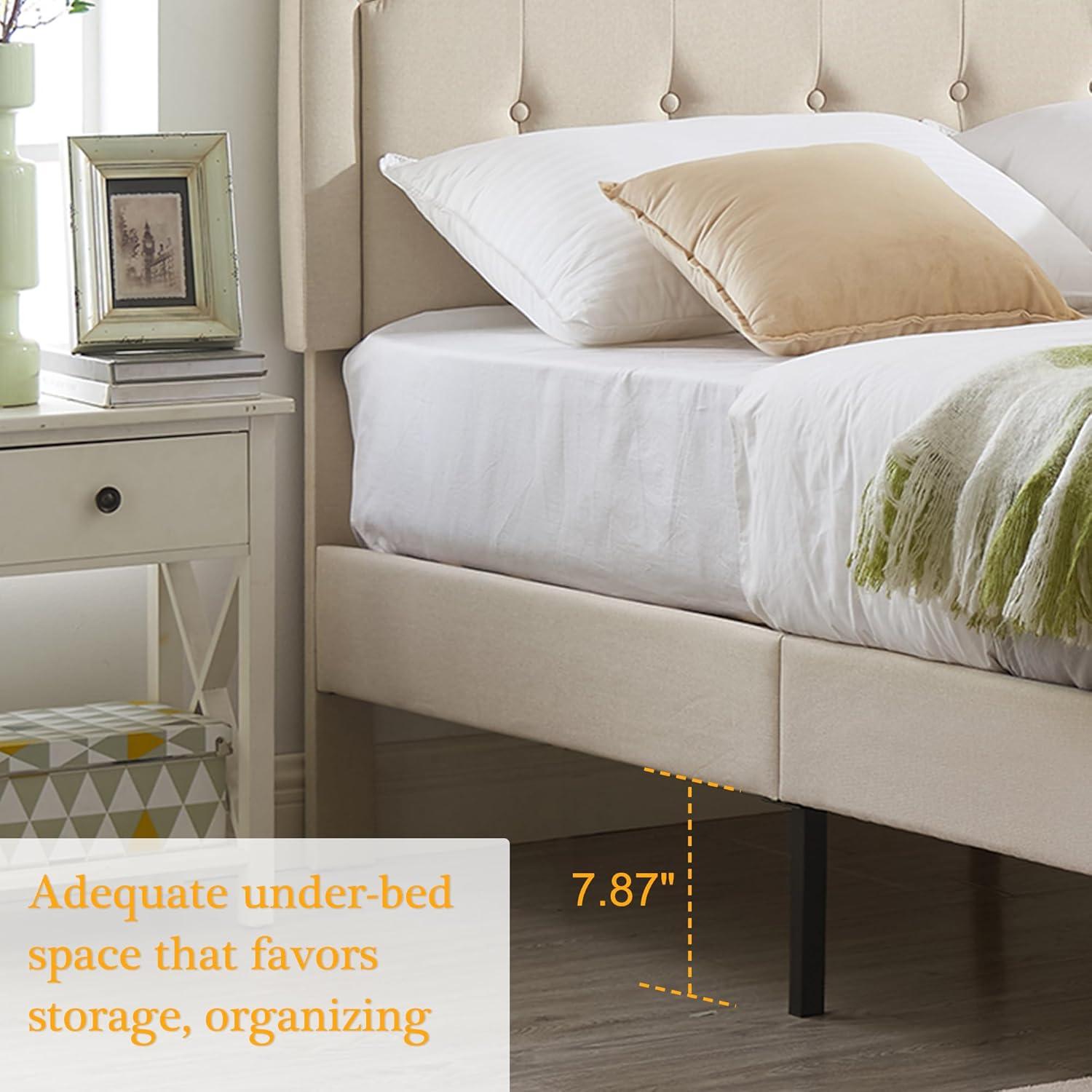 VECELO Queen Size Platform Bed Frame with Fabric Upholstered Headboard and Wooden Slats Support, No Box Spring Needed/Easy Assembly,Beige