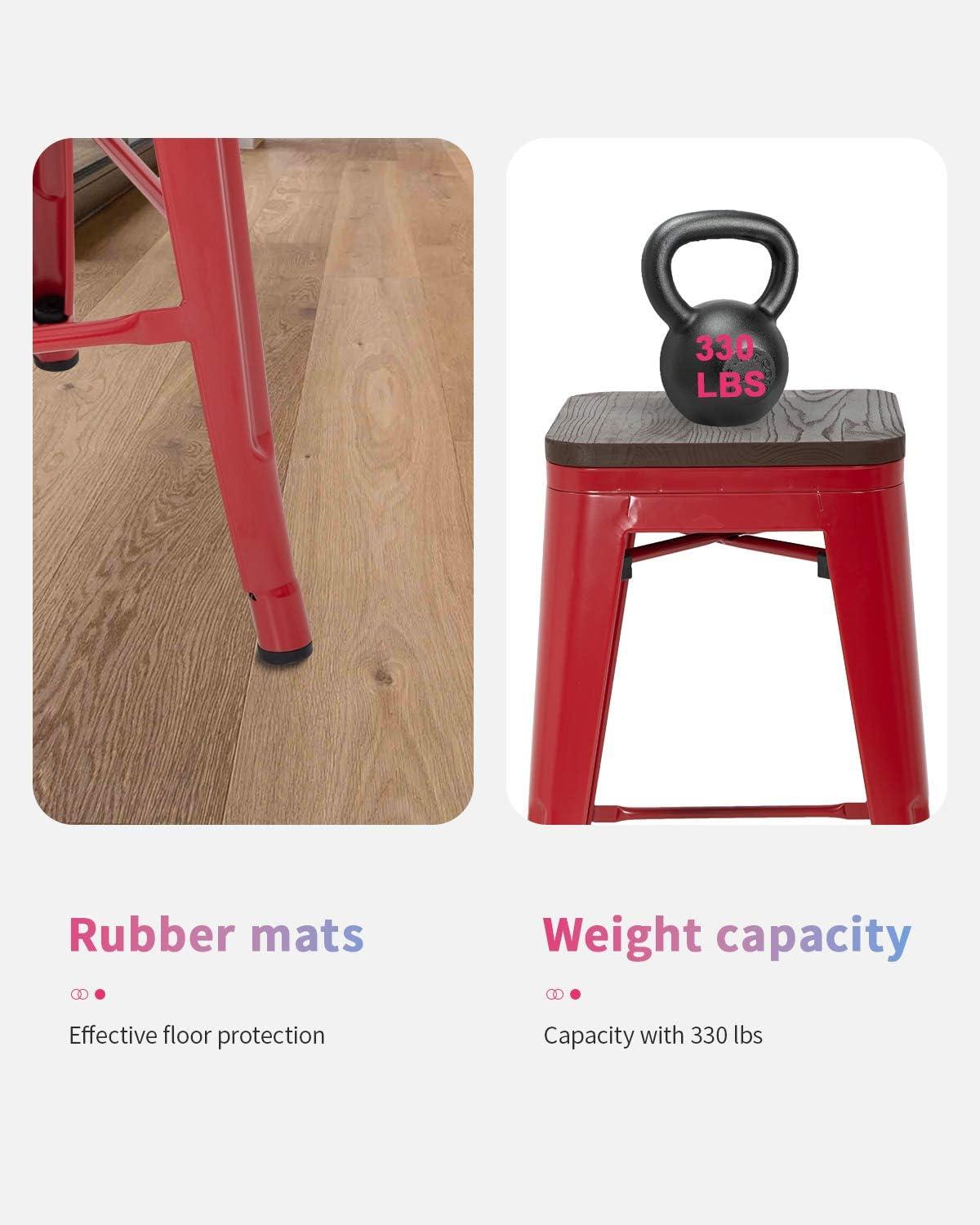 24" Red Metal Bar Stools with Wood Seat, Set of 4