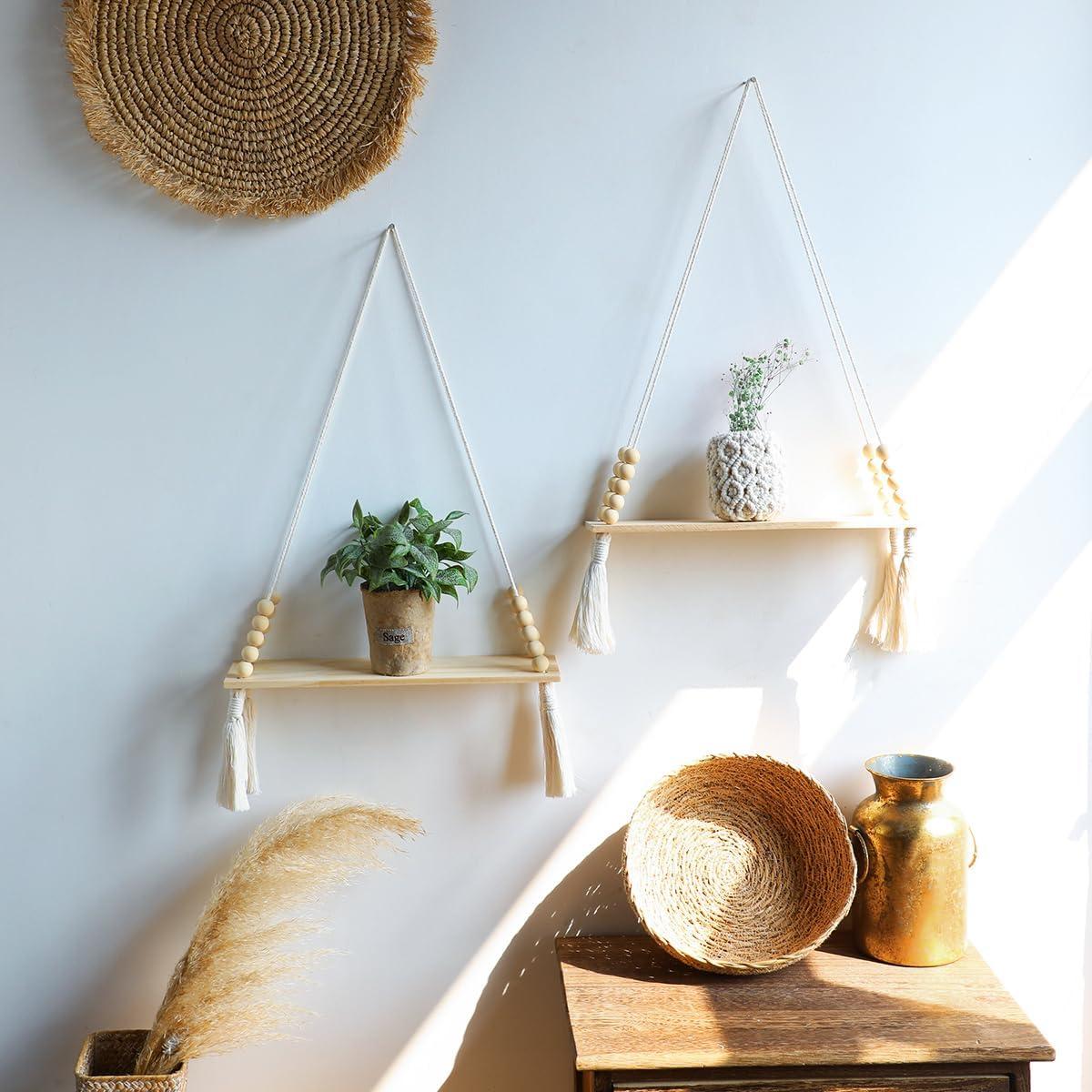 Boho Pine Wood Macrame Hanging Shelves with Tassels, Set of 2