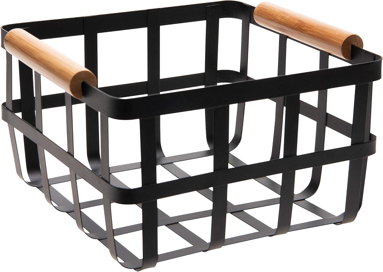 Square Metal Basket With Bamboo Handles Black - Bath Bliss