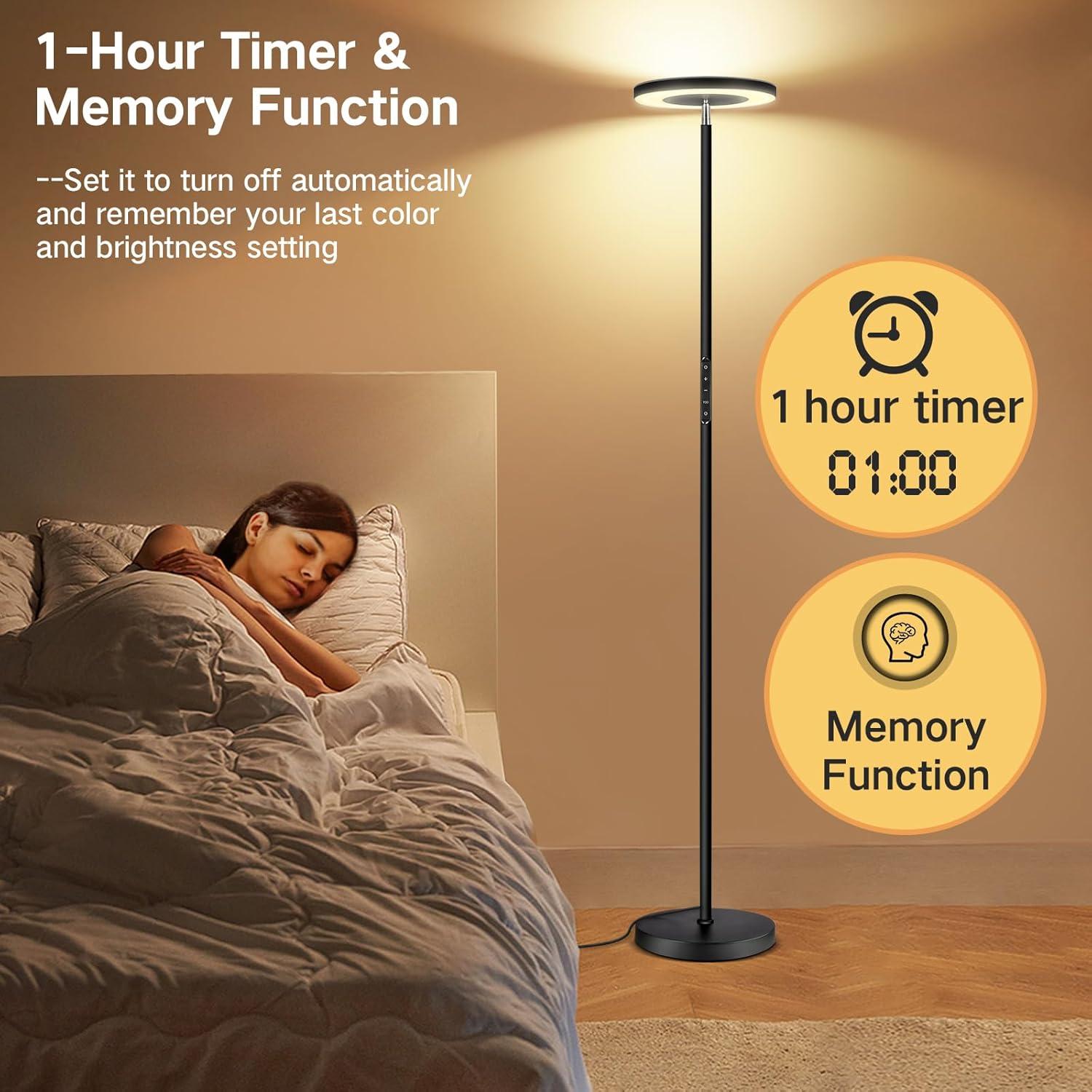 Black Adjustable LED Torchiere Floor Lamp with Remote Control