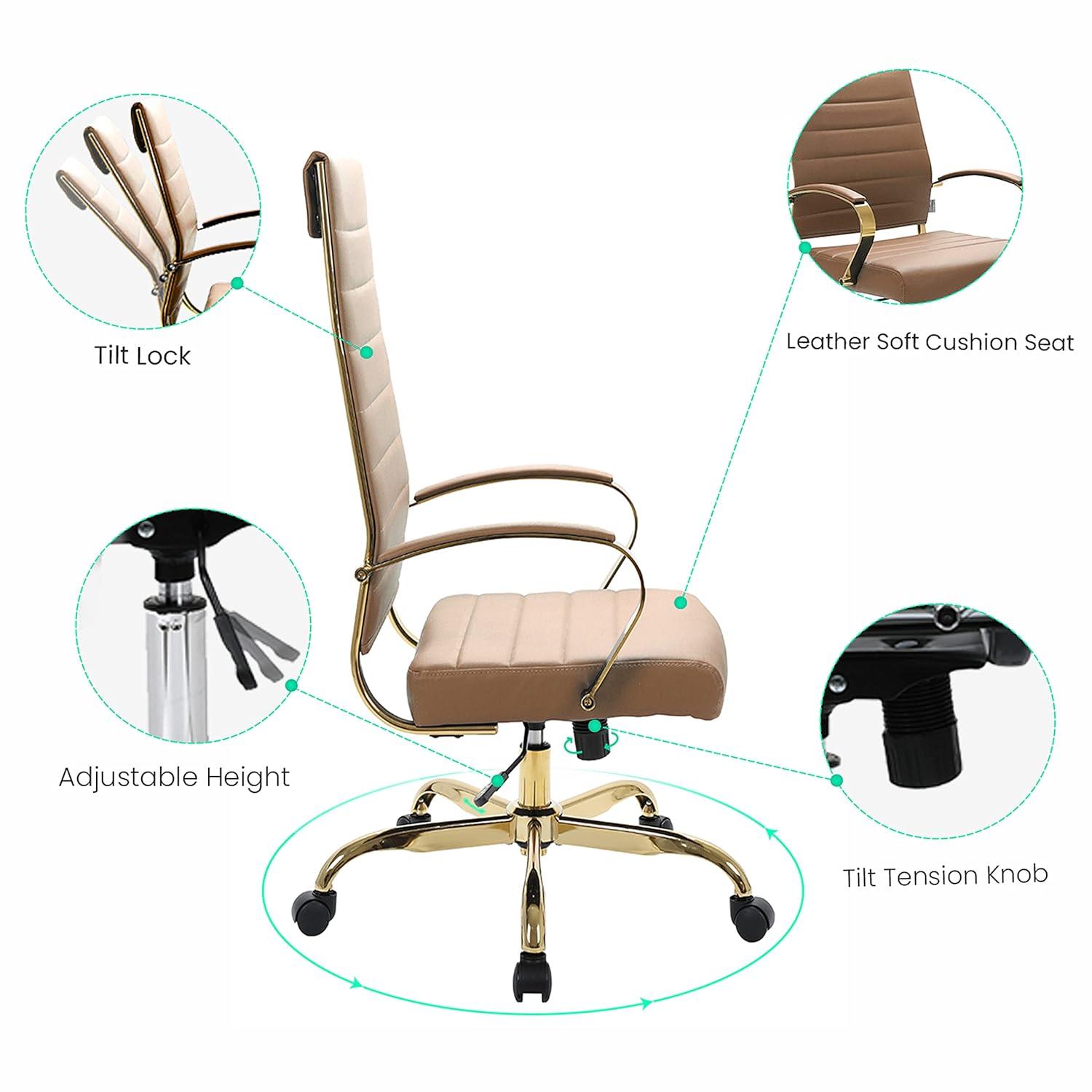 LeisureMod Benmar High-Back Leather Office Chair with Swivel, Tilt, Adjustable Height, Ergonomic Design for Home Office, Study, or Workspace