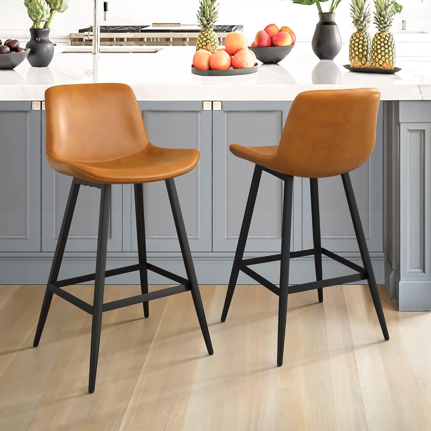 Whiskey Brown 26" Faux Leather Counter Stools with Metal Legs, Set of 2