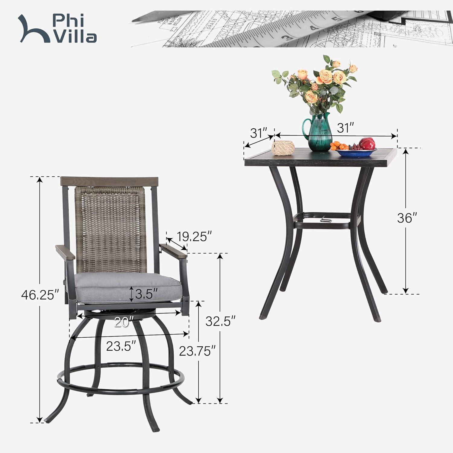 Sophia & William 3 Piece Outdoor Patio Swivel Bar Stools Set & Height Table Backyard Furniture Bistro Set, Red