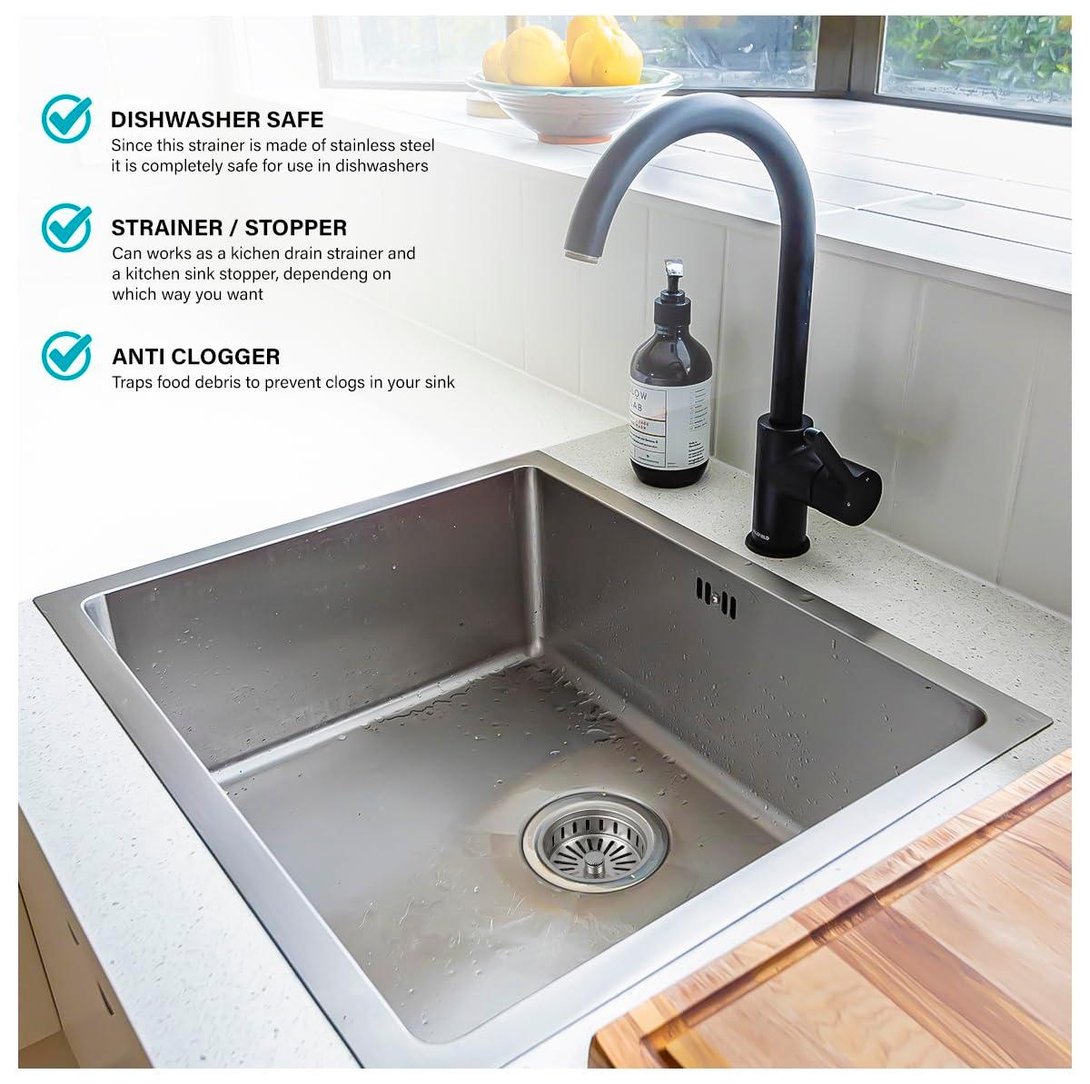 everflow 75131 kitchen sink basket strainer replacement for kohler style drains stainless steel - with spring steel stopper