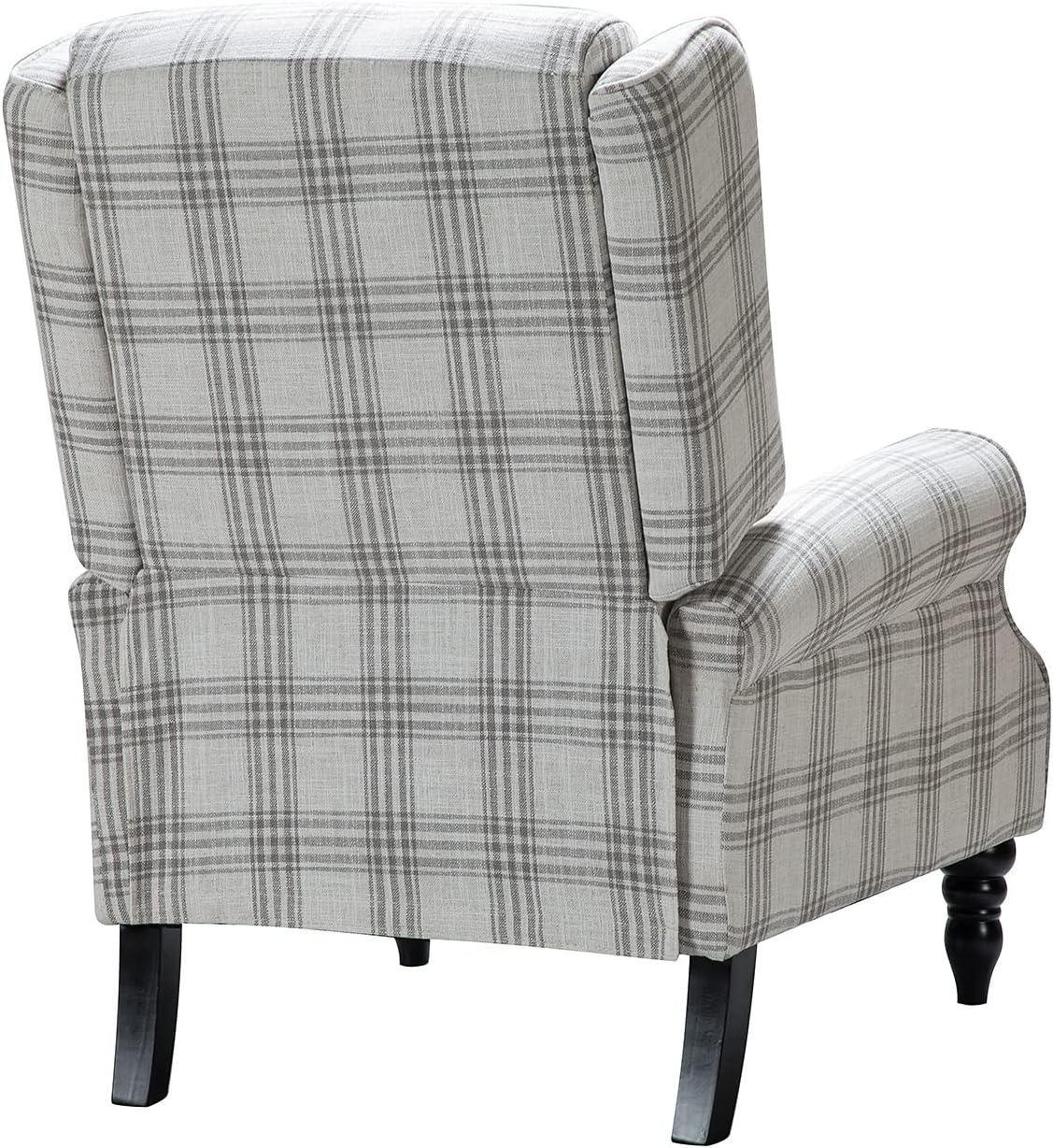 Grey Plaid Upholstered Wingback Recliner with Black Rubber Wood Legs