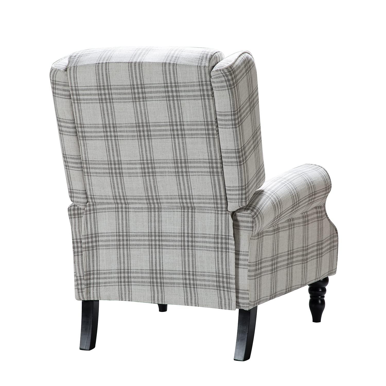 Grey Plaid Upholstered Wingback Recliner with Black Rubber Wood Legs