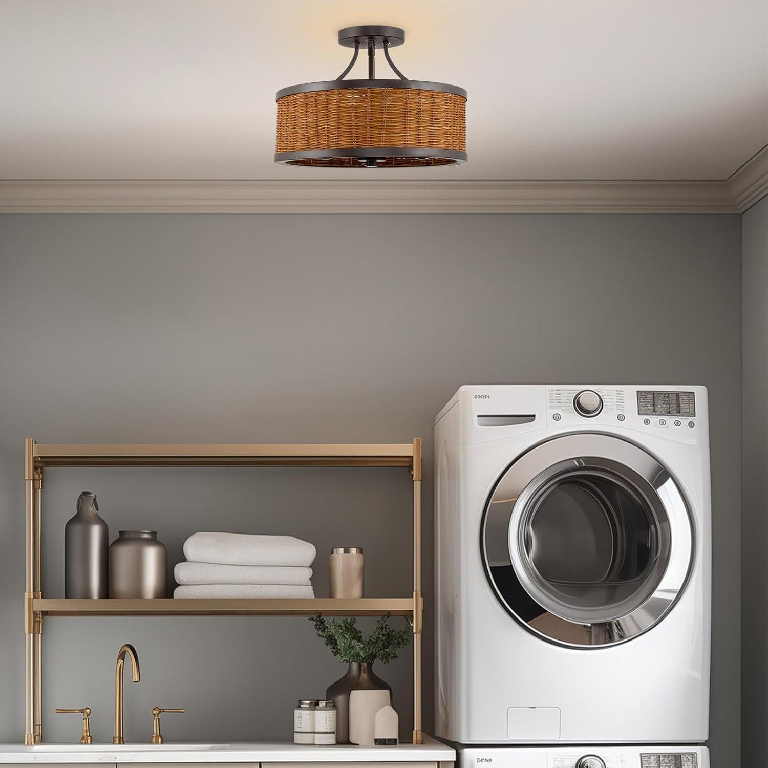 Kira Home Zora 15" 3-Light Modern Semi Flush Mount Ceiling Light + Rattan Wicker Drum Shade, Oil Rubbed Bronze Finish