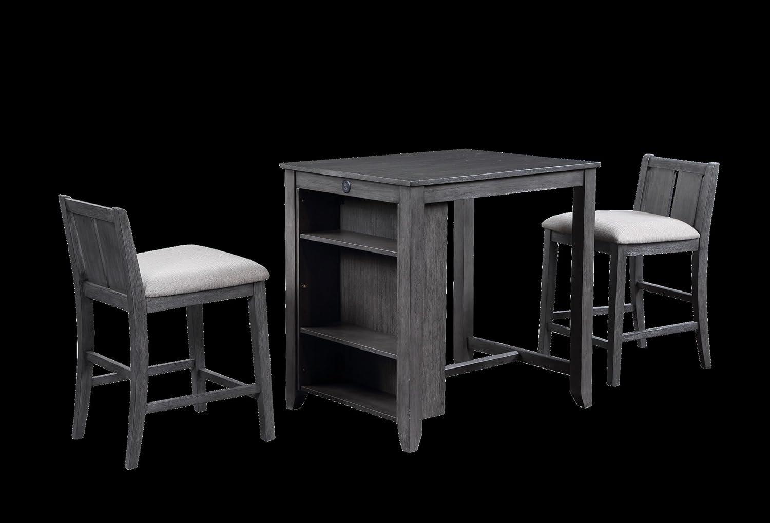 Gray Rubberwood 36-Inch Storage Counter Table Set with Two Chairs