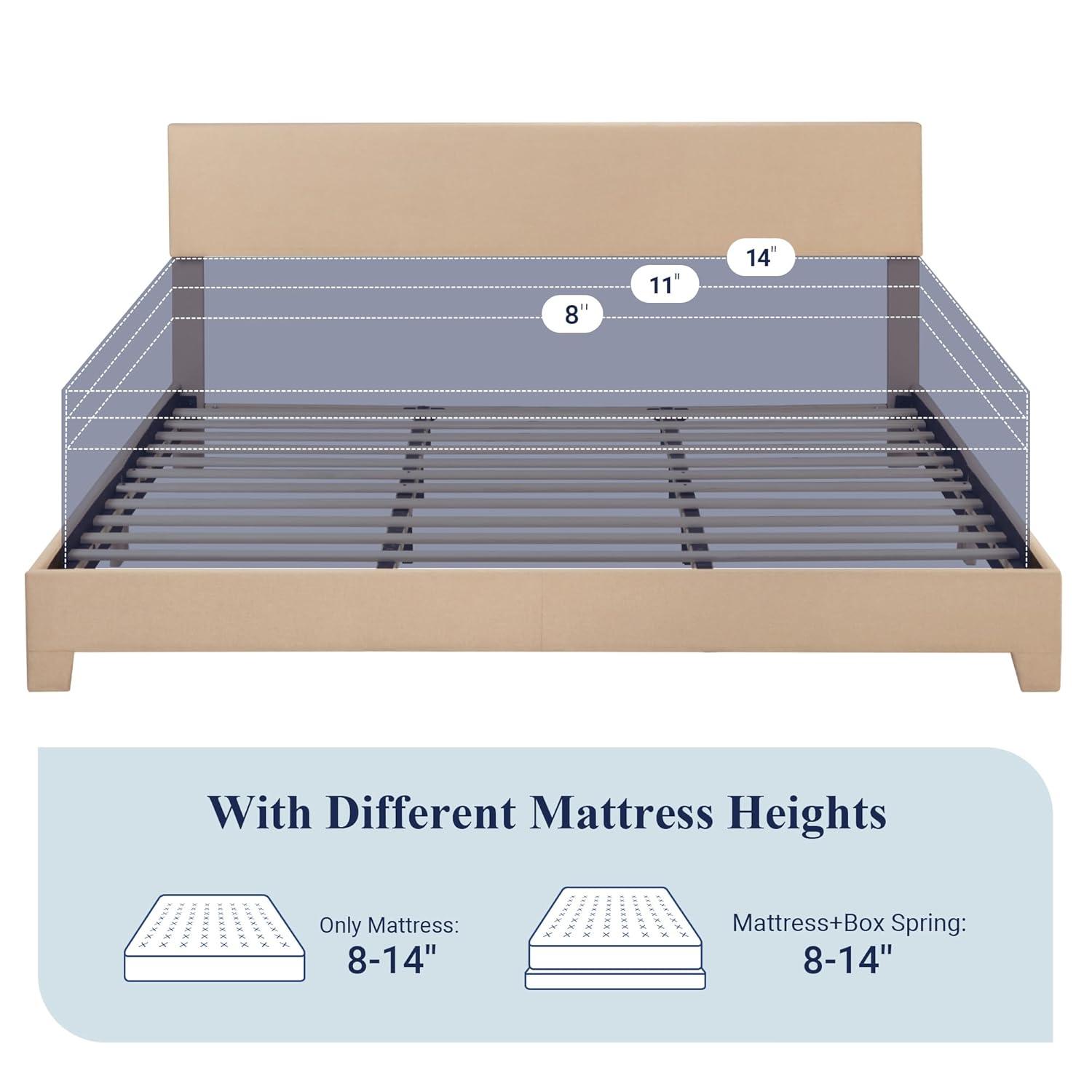Allewie King Size Bed Frame with Adjustable Headboard, Upholstered Platform Bed with Wood Slats, Heavy Duty Mattress Foundation, No Box Spring Needed, Noise-Free, Easy Assembly, Beige