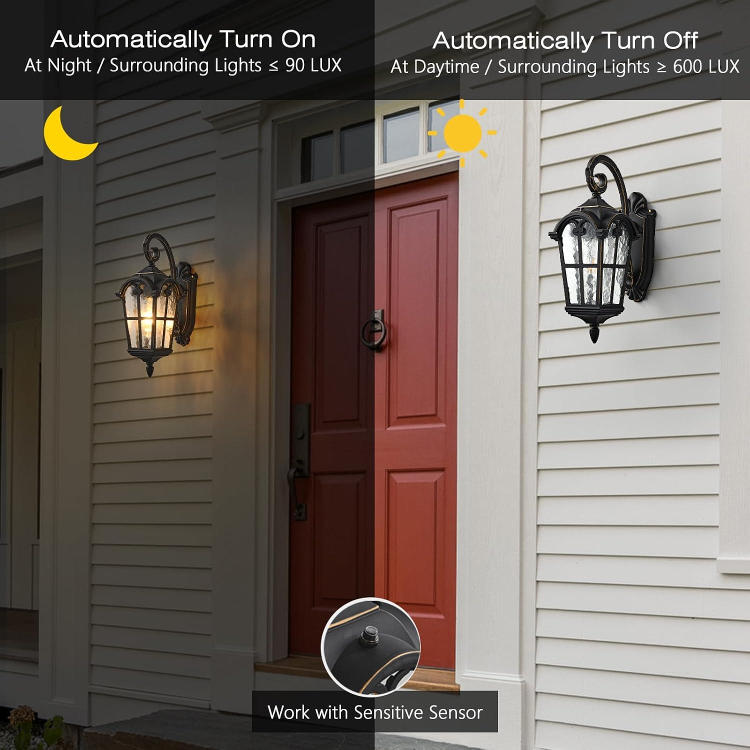 Dusk to Dawn Outdoor Wall Lights 17.1" H Large Exterior Lighting Fixtures Black Porch Light Waterproof Roman Wall Lantern with Water Ripple Glass for House Garage Patio