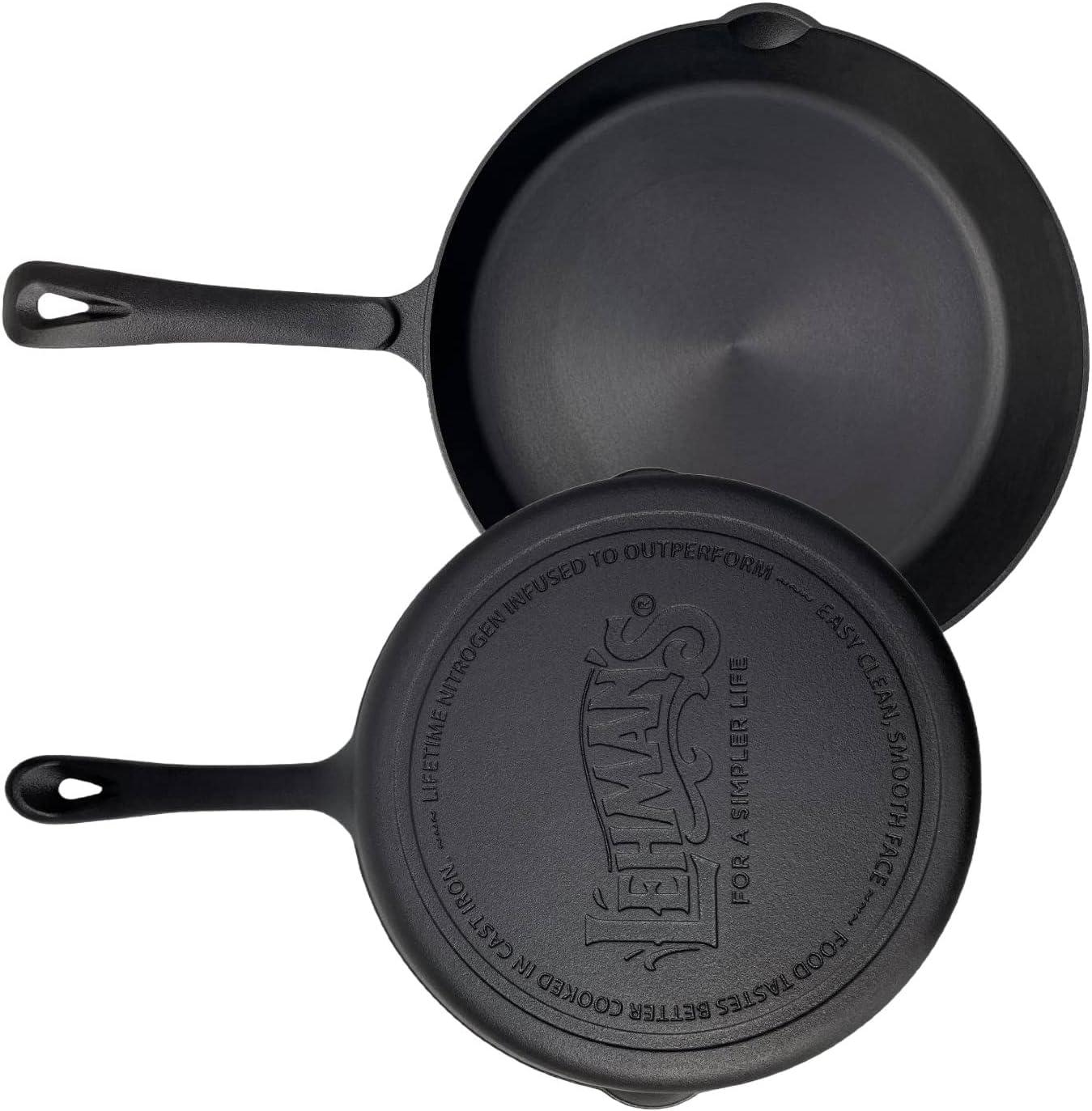 Lehman's Cast Iron Skillet - Nitrogen Hardened Cookware, Tough but Lightweight, No Need to Season, Silicone Safety Handle Included - 12 inch