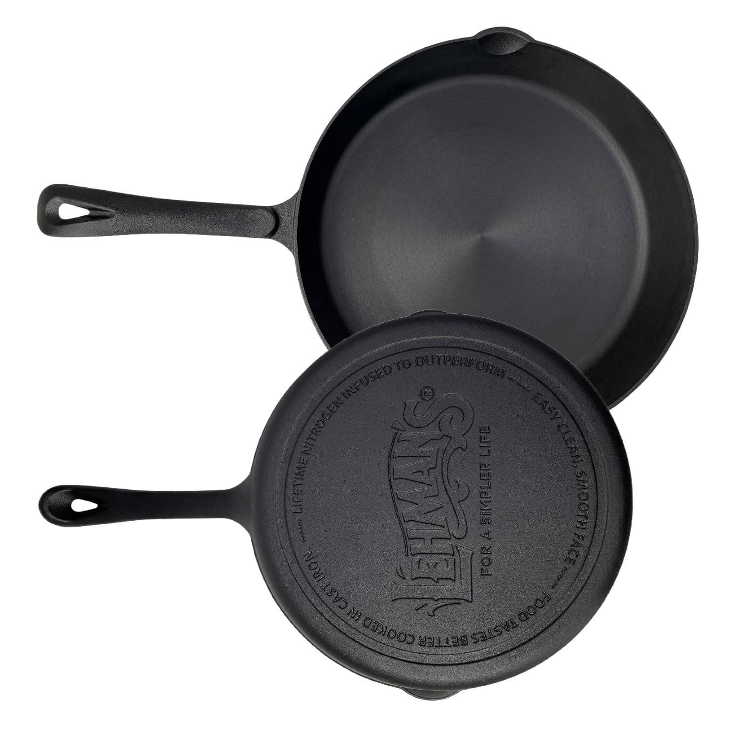 Lehman's Cast Iron Skillet - Nitrogen Hardened Cookware, Tough but Lightweight, No Need to Season, Silicone Safety Handle Included - 12 inch
