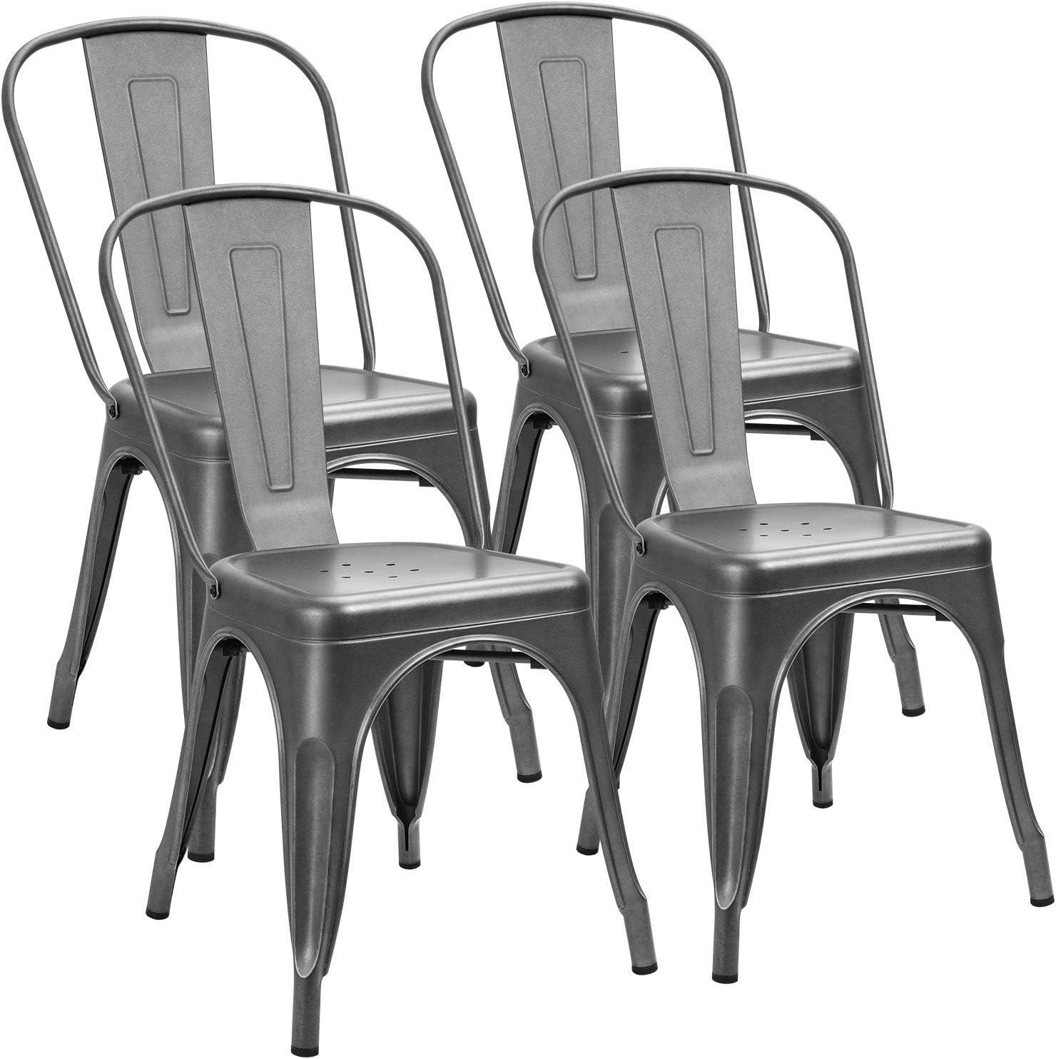 JUMMICO Metal Dining Chair Stackable Indoor Outdoor Industrial Vintage Chairs Bistro Kitchen Cafe Side Chairs with Back Set of 4 (Gray)