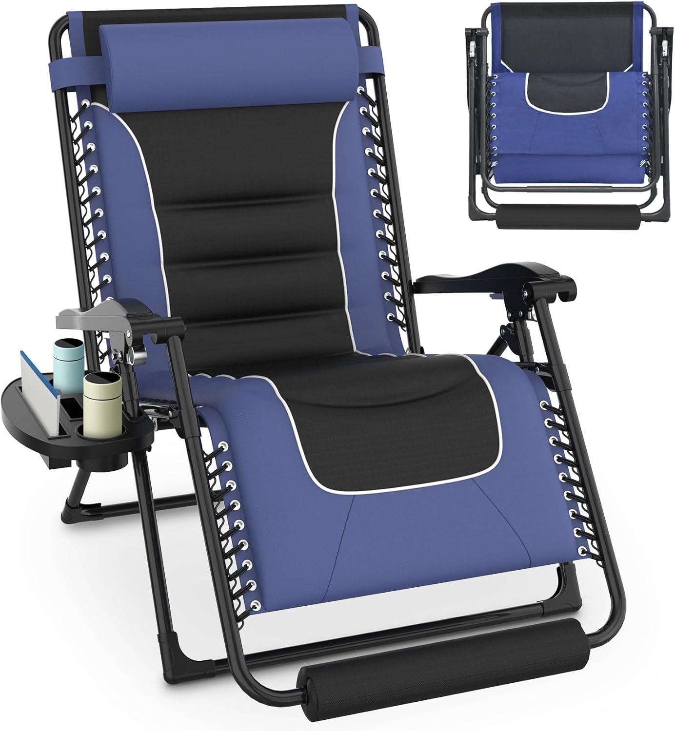 Slendor Oversized Zero Gravity Chair, 29Inch XL Padded Reclining Camping Chair with Cup Holder & Footrest, Folding Outdoor Recliner Reclining Patio Chairs, Anti Gravity Chair, Blue